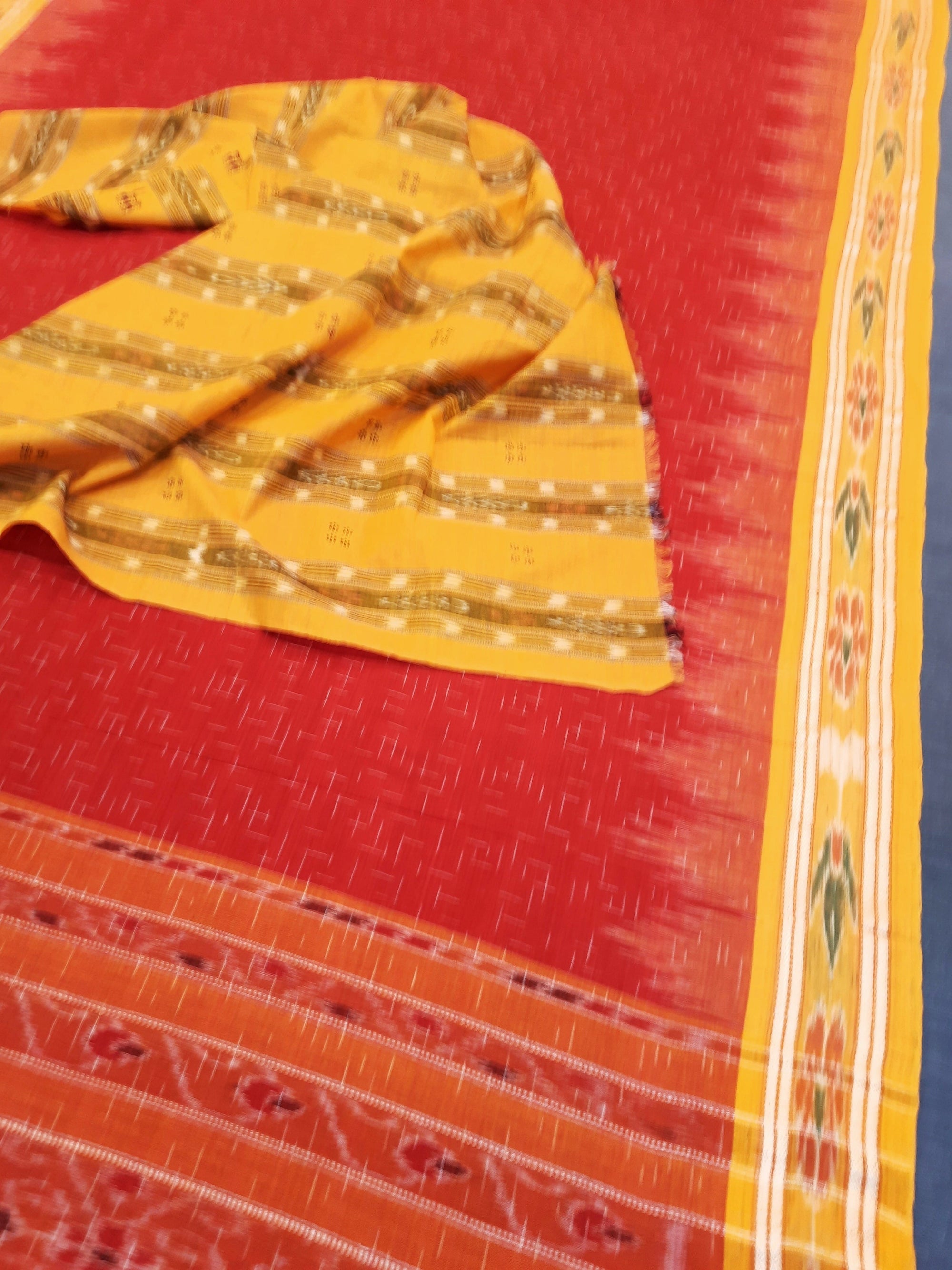 Red Cotton Odisha Ikat saree  with mix match cotton ikat blouse