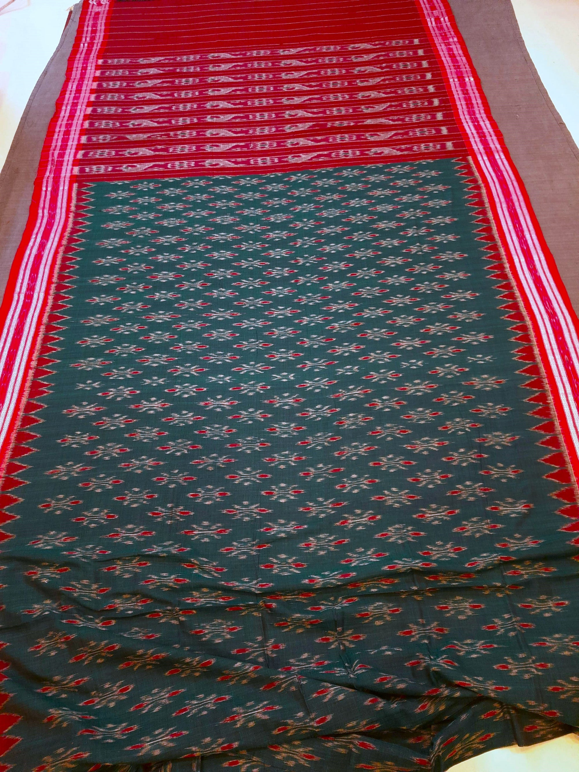 Green and Red Cotton Odisha Ikat saree  with mix match cotton ikat blouse