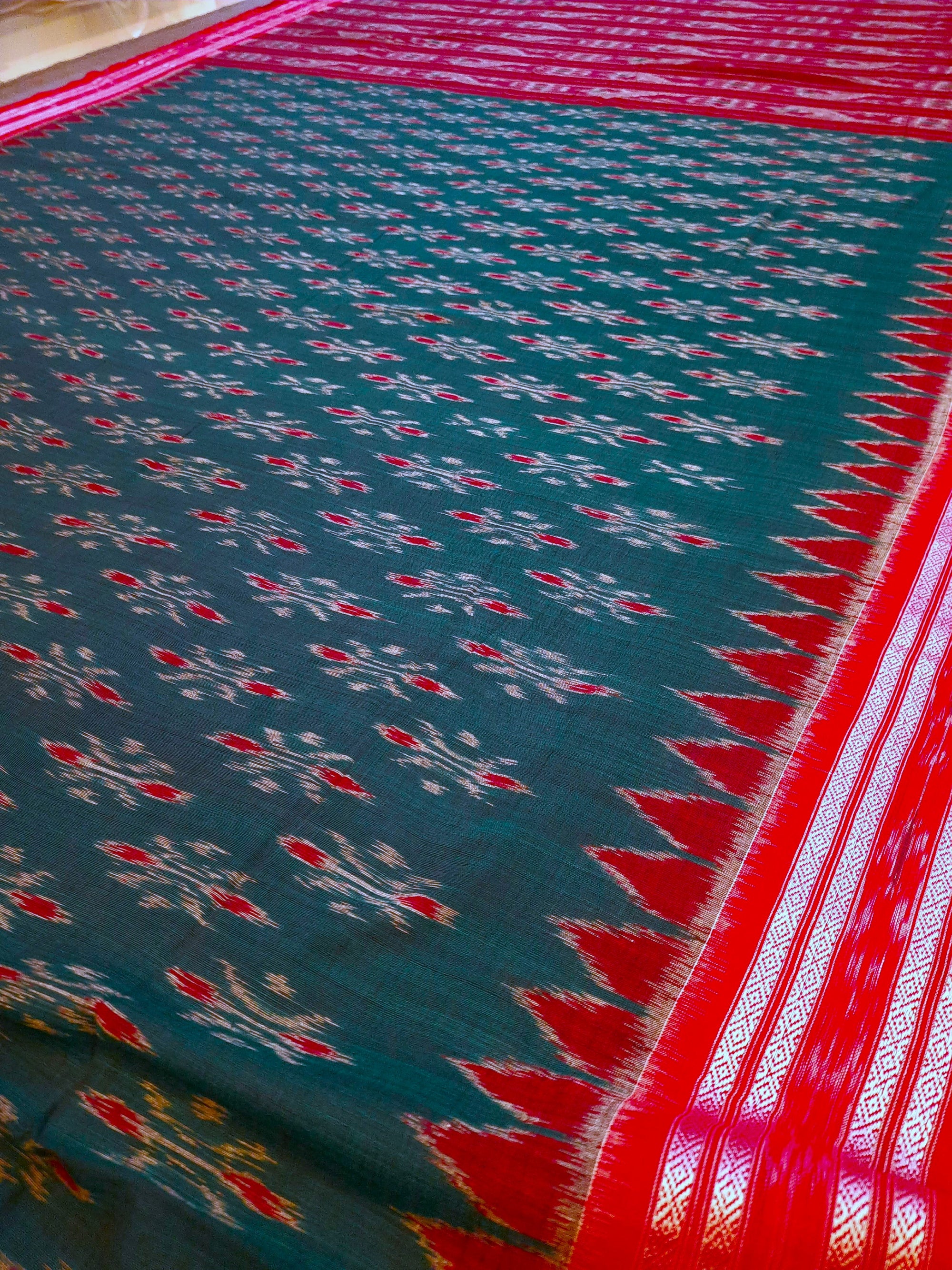 Green and Red Cotton Odisha Ikat saree  with mix match cotton ikat blouse