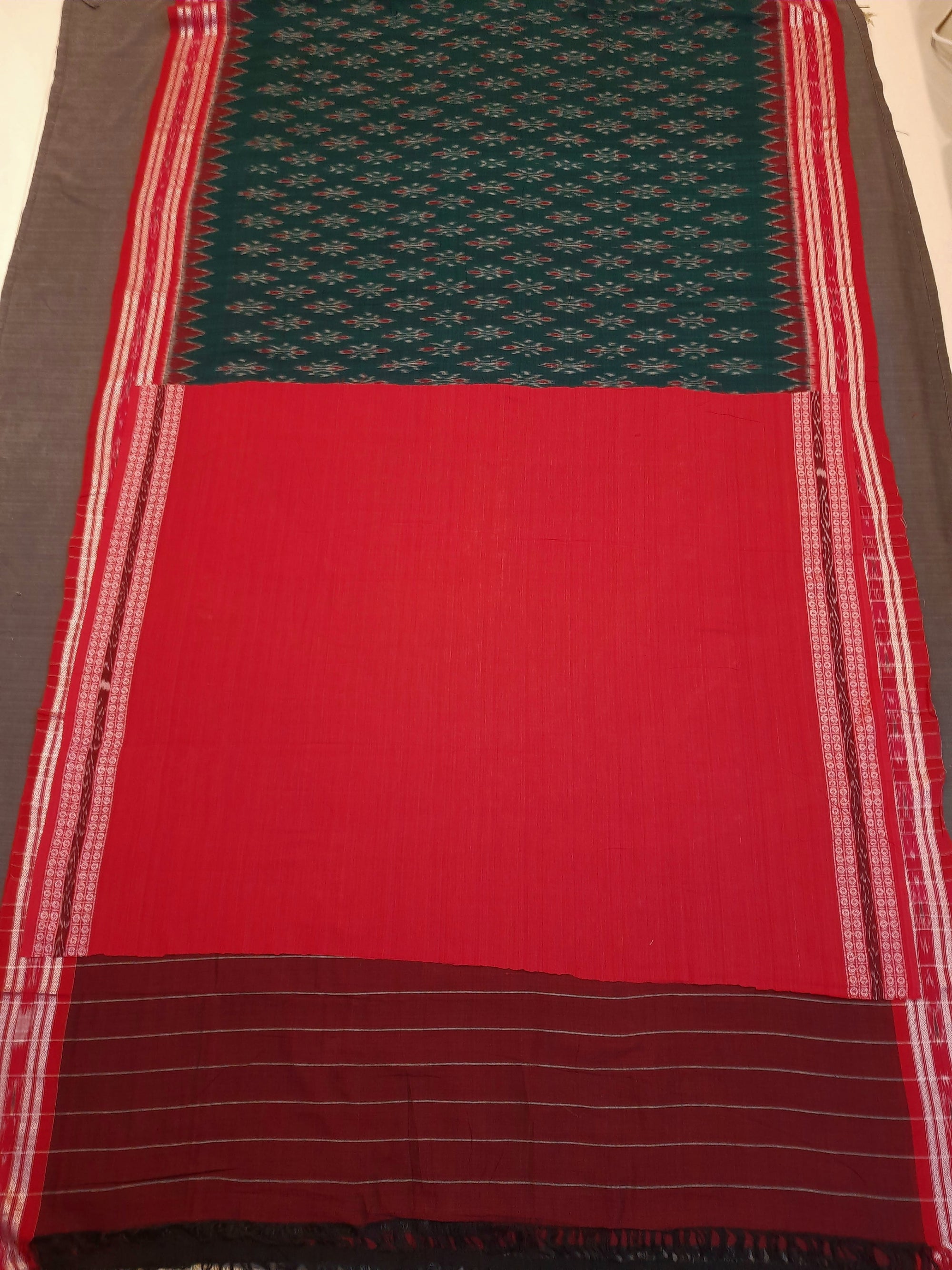 Green and Red Cotton Odisha Ikat saree  with mix match cotton ikat blouse