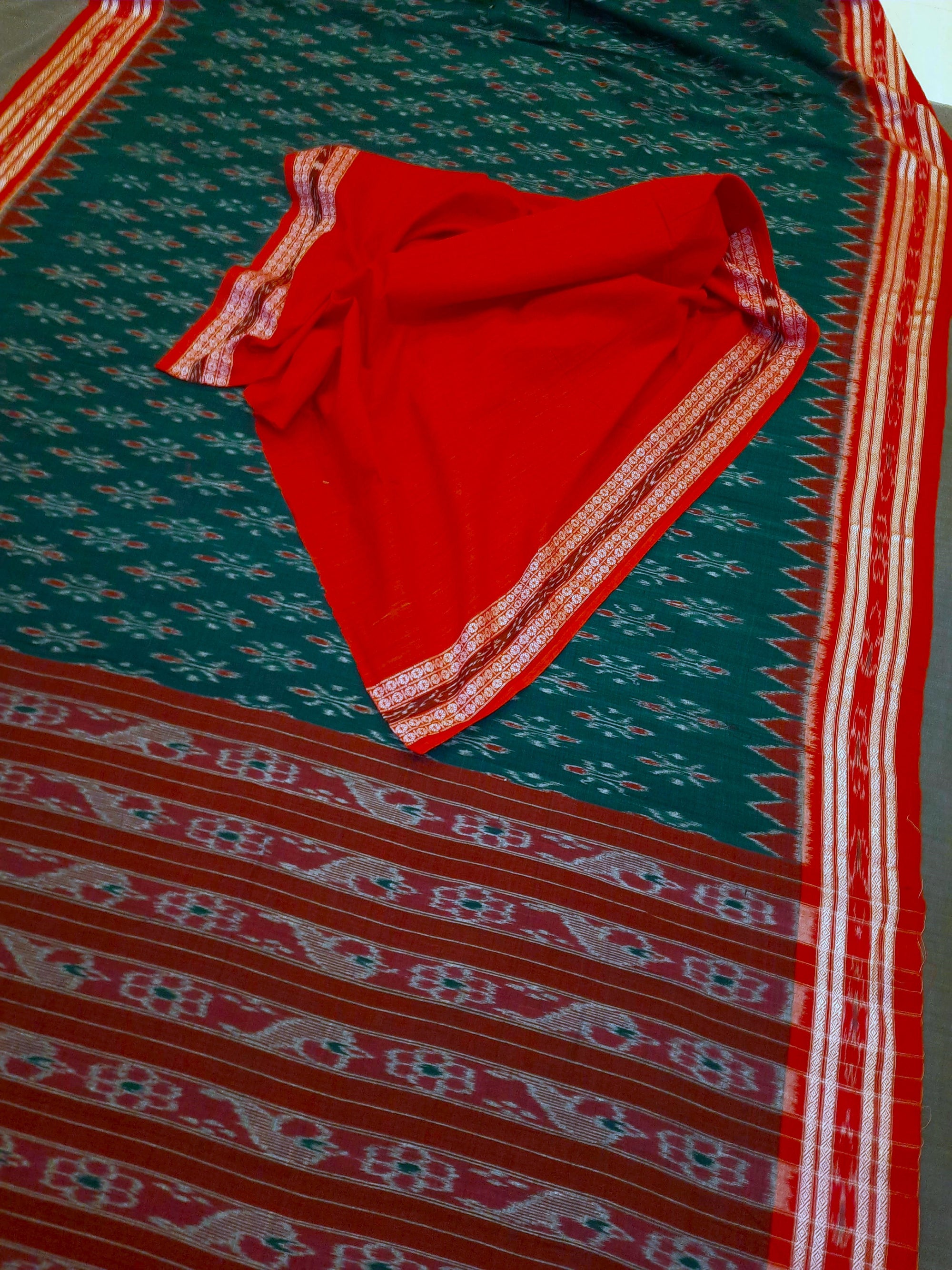 Green and Red Cotton Odisha Ikat saree  with mix match cotton ikat blouse