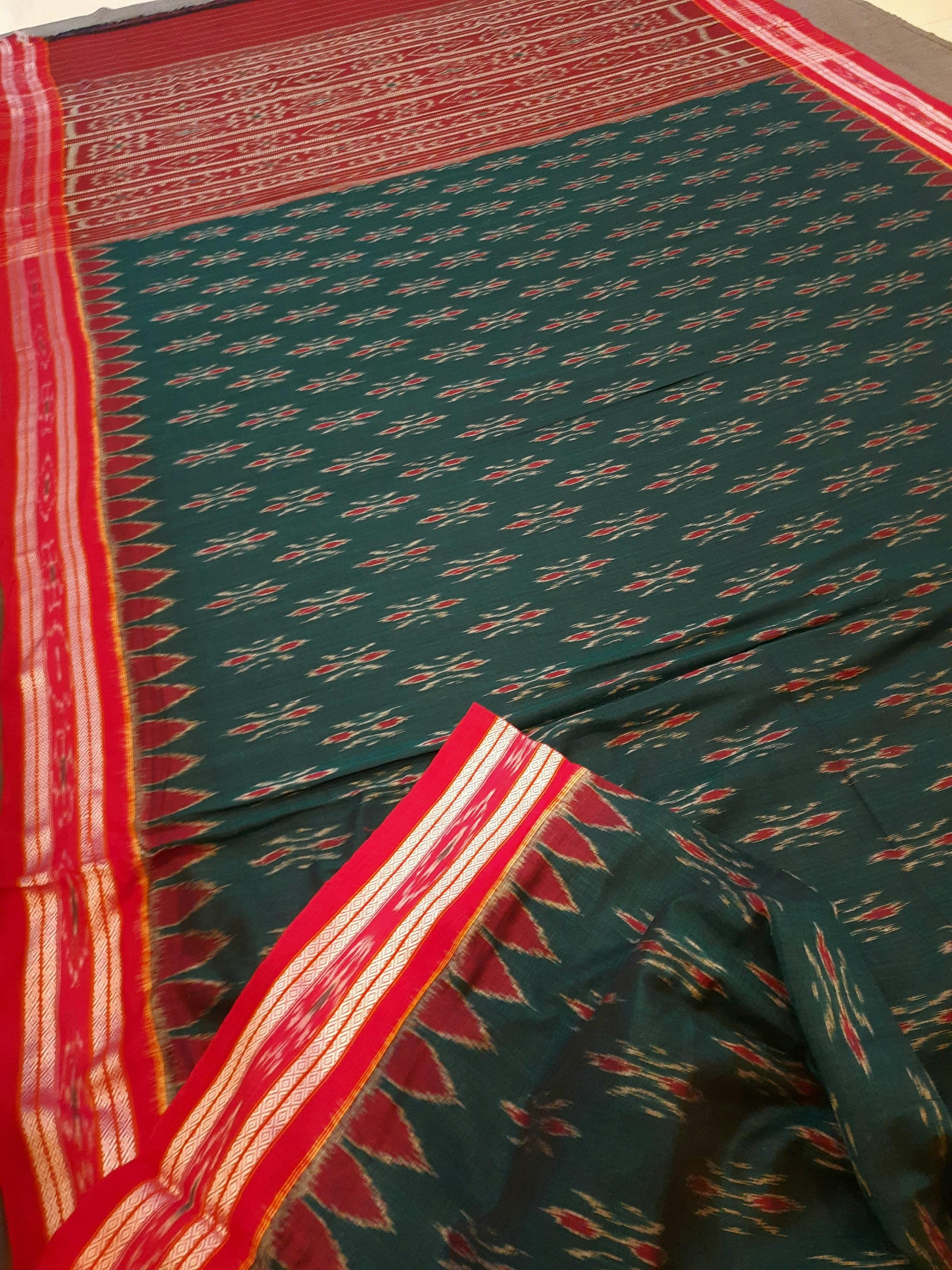 Green Cotton Odisha Ikat saree  with mix match cotton ikat blouse