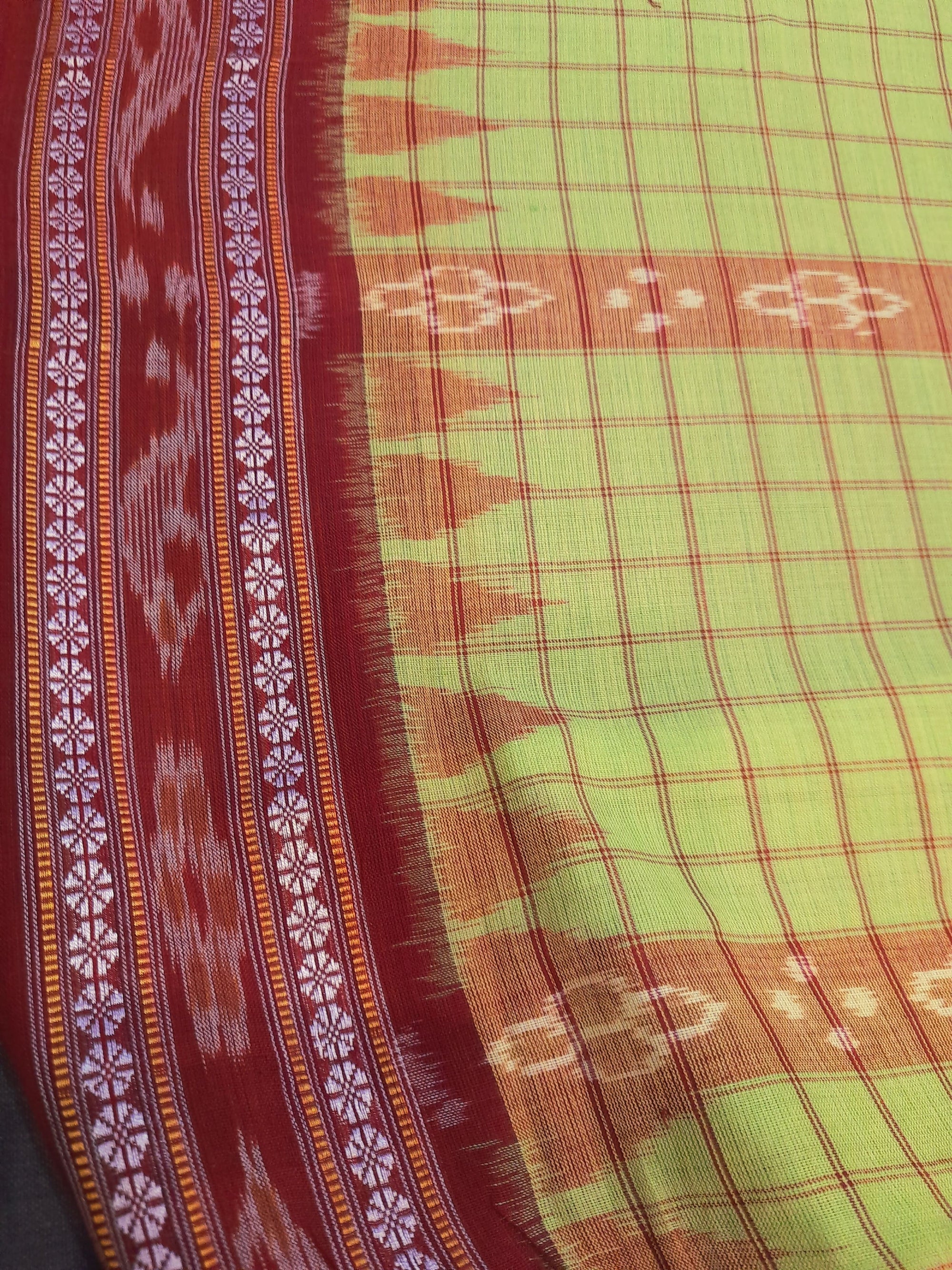 Green Checkered Cotton Odisha Ikat saree  with mix match cotton ikat blouse piece