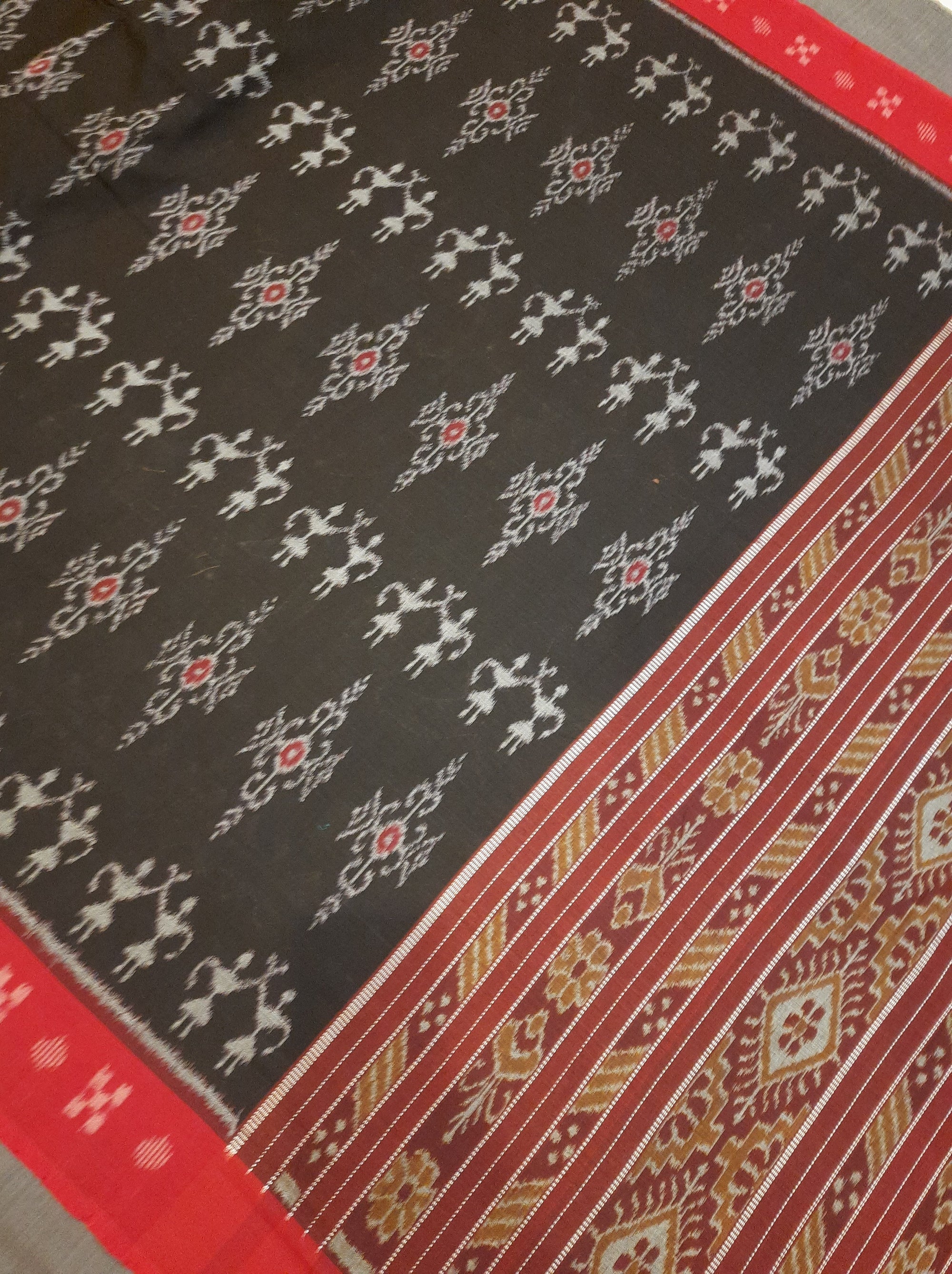 Black with Red Cotton Odisha Ikat saree  with matching blouse piece
