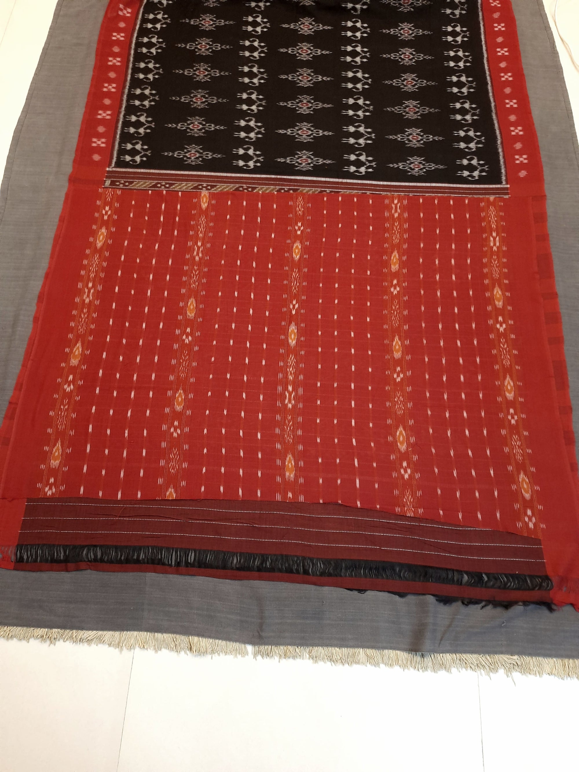 Black with Red Cotton Odisha Ikat saree  with matching blouse piece