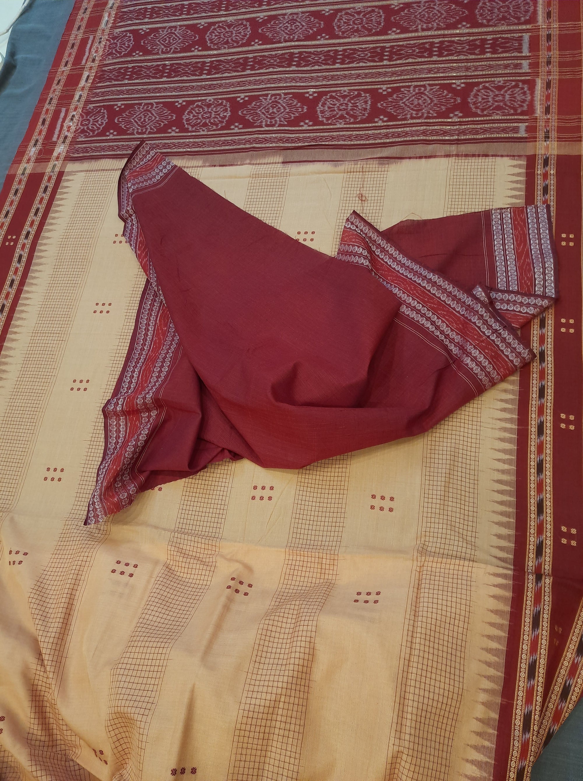 Beige Maroon buti Cotton Odisha Ikat saree with mix match cotton ikat blouse