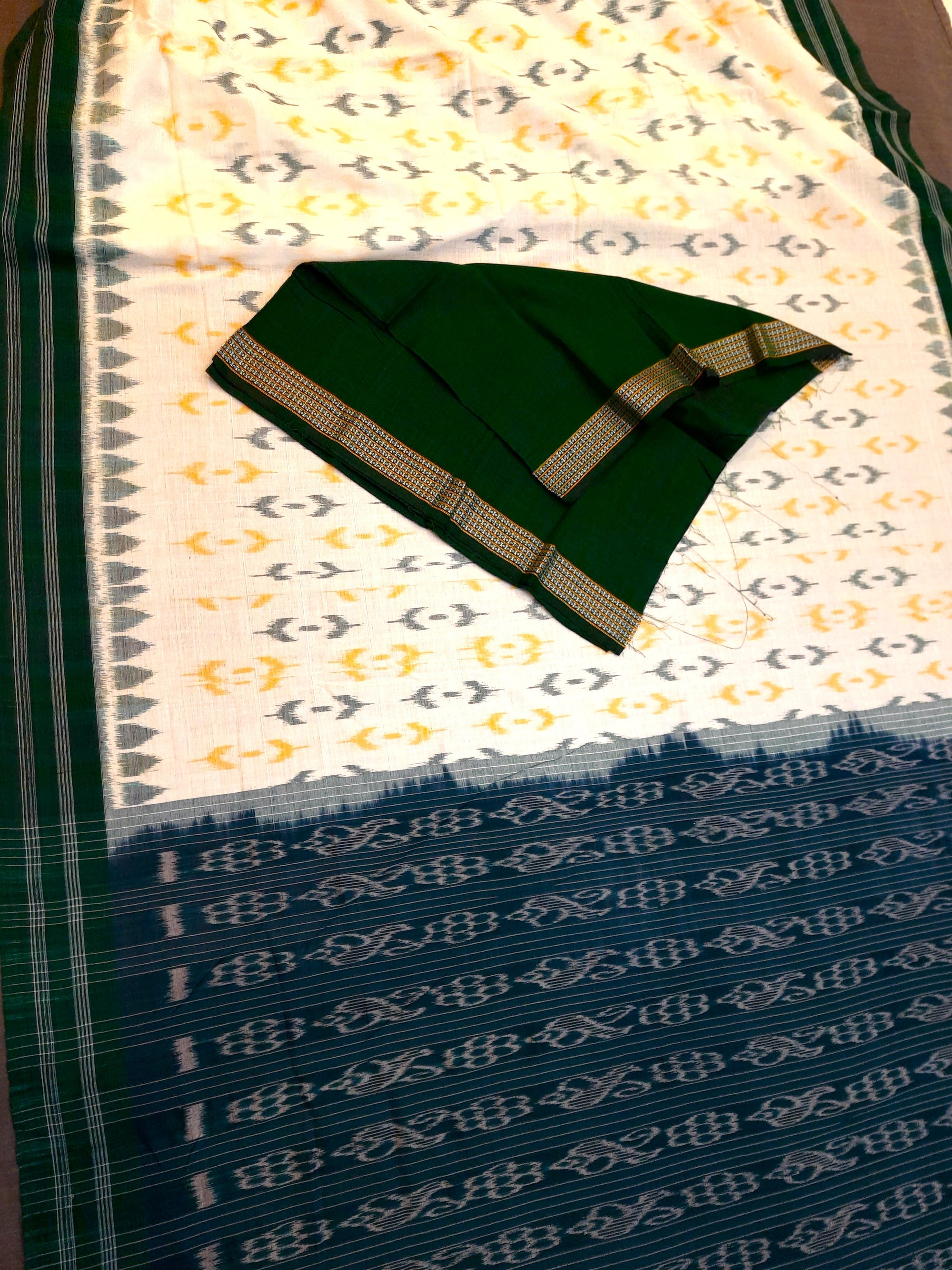 White with Green Cotton Odisha Ikat saree  with matching blouse piece