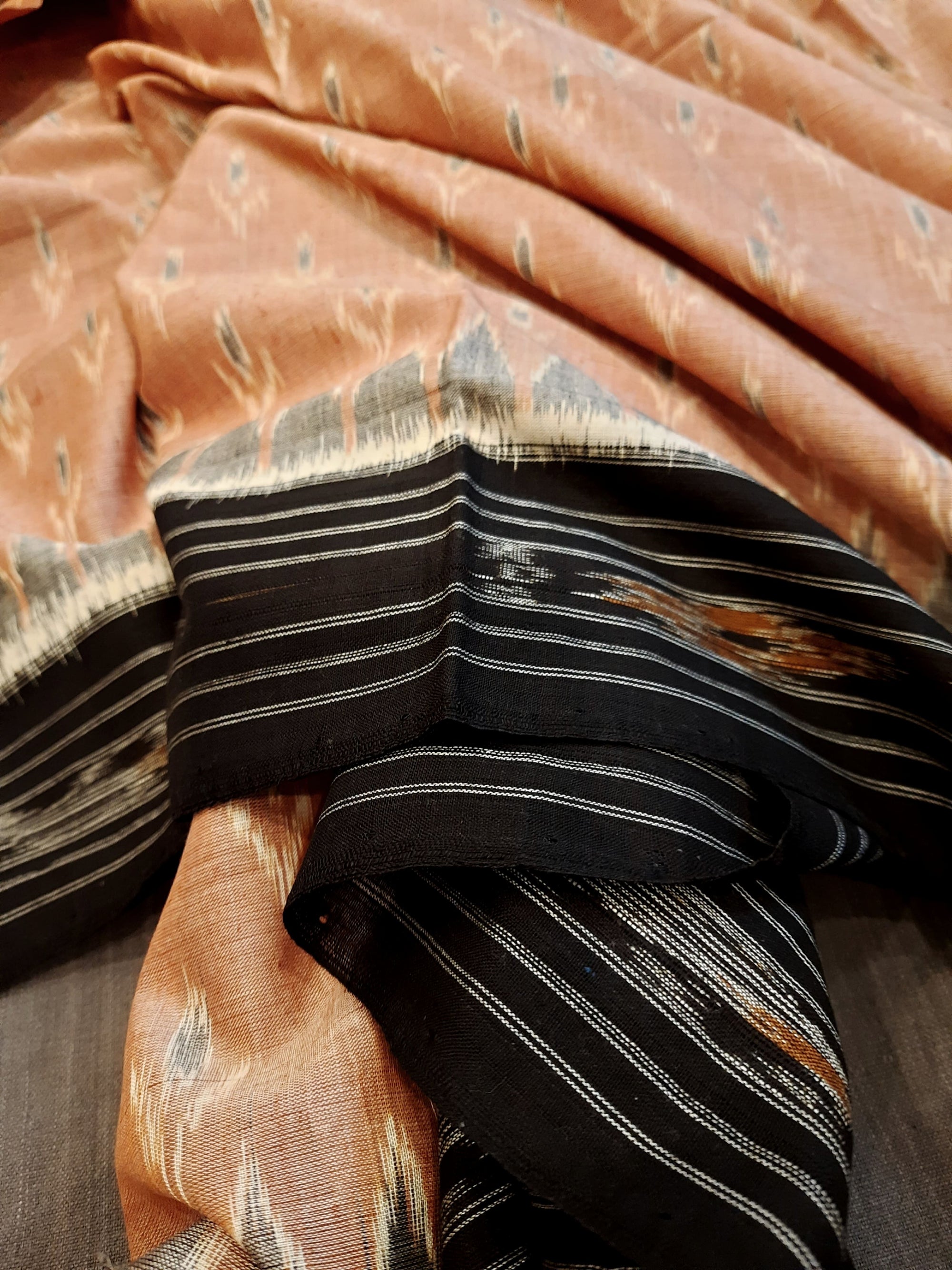 Brown with Black Cotton Odisha Ikat saree  with  cotton ikat blouse piece