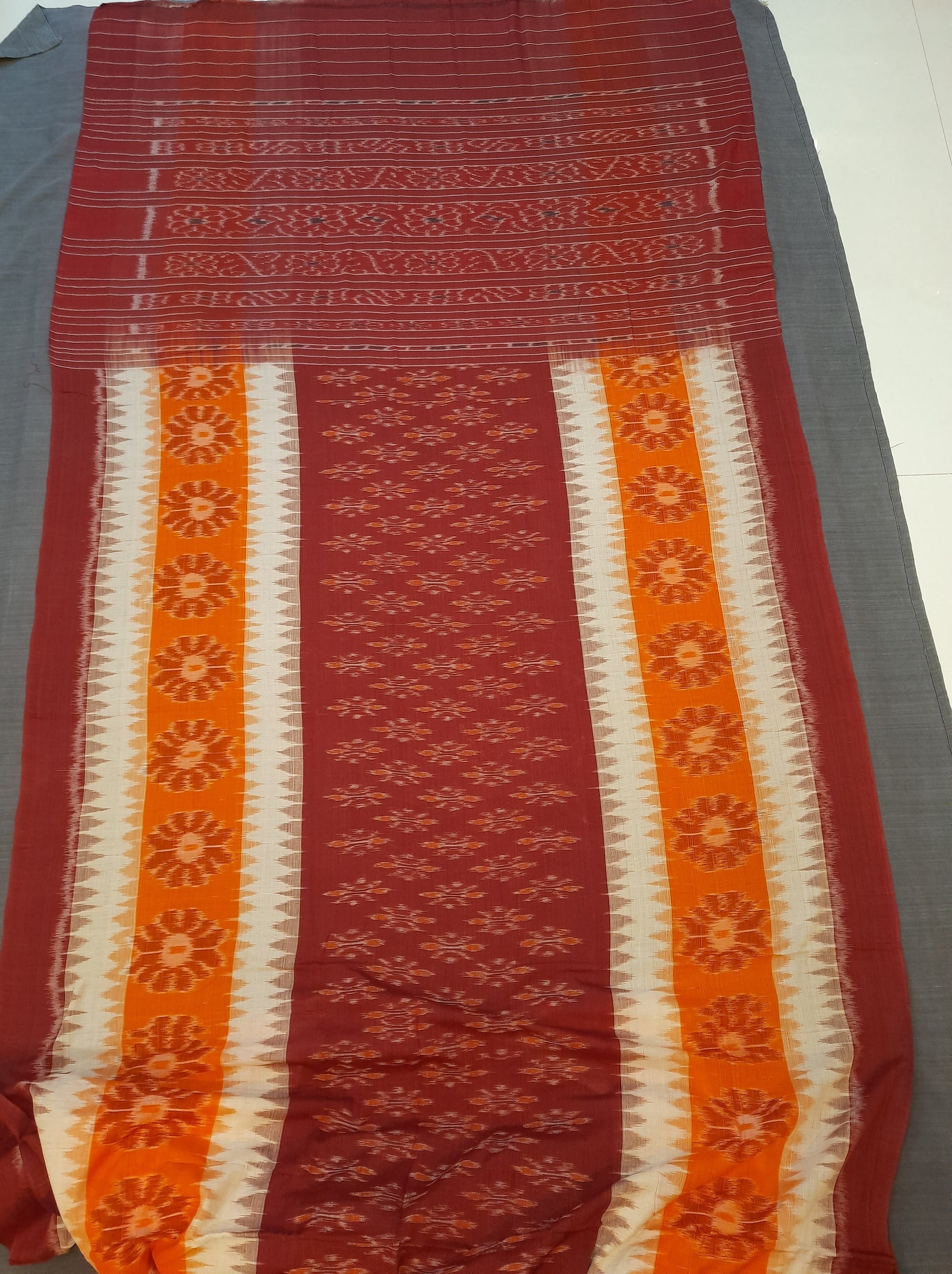 Beige with Multi colour Cotton Odisha Ikat saree  with  cotton ikat blouse piece