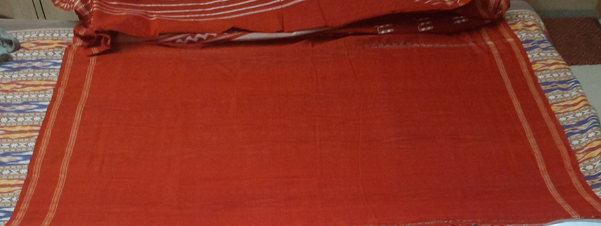 Rust Patli Pleats cotton Sambalpuri Saree with running blouse piece