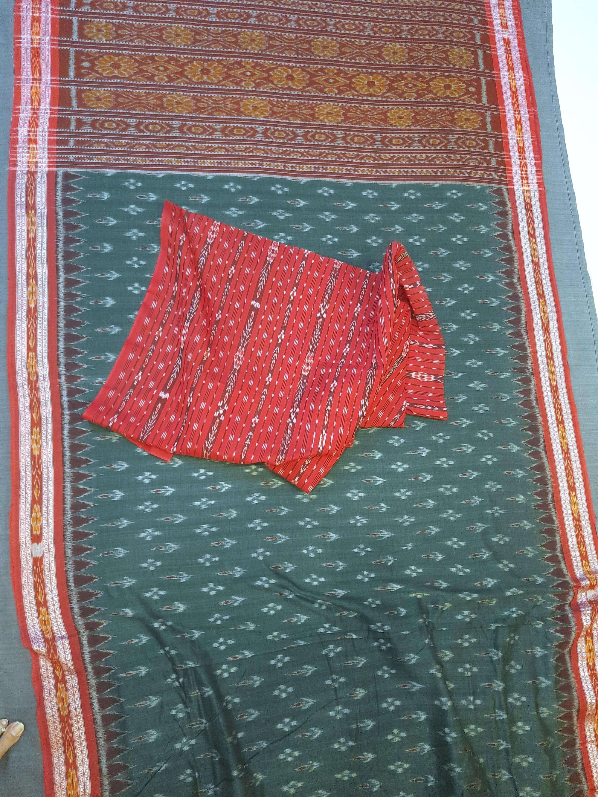 Grey Odisha Ikat Cotton Saree with cotton Sambalpuri ikat blouse piece