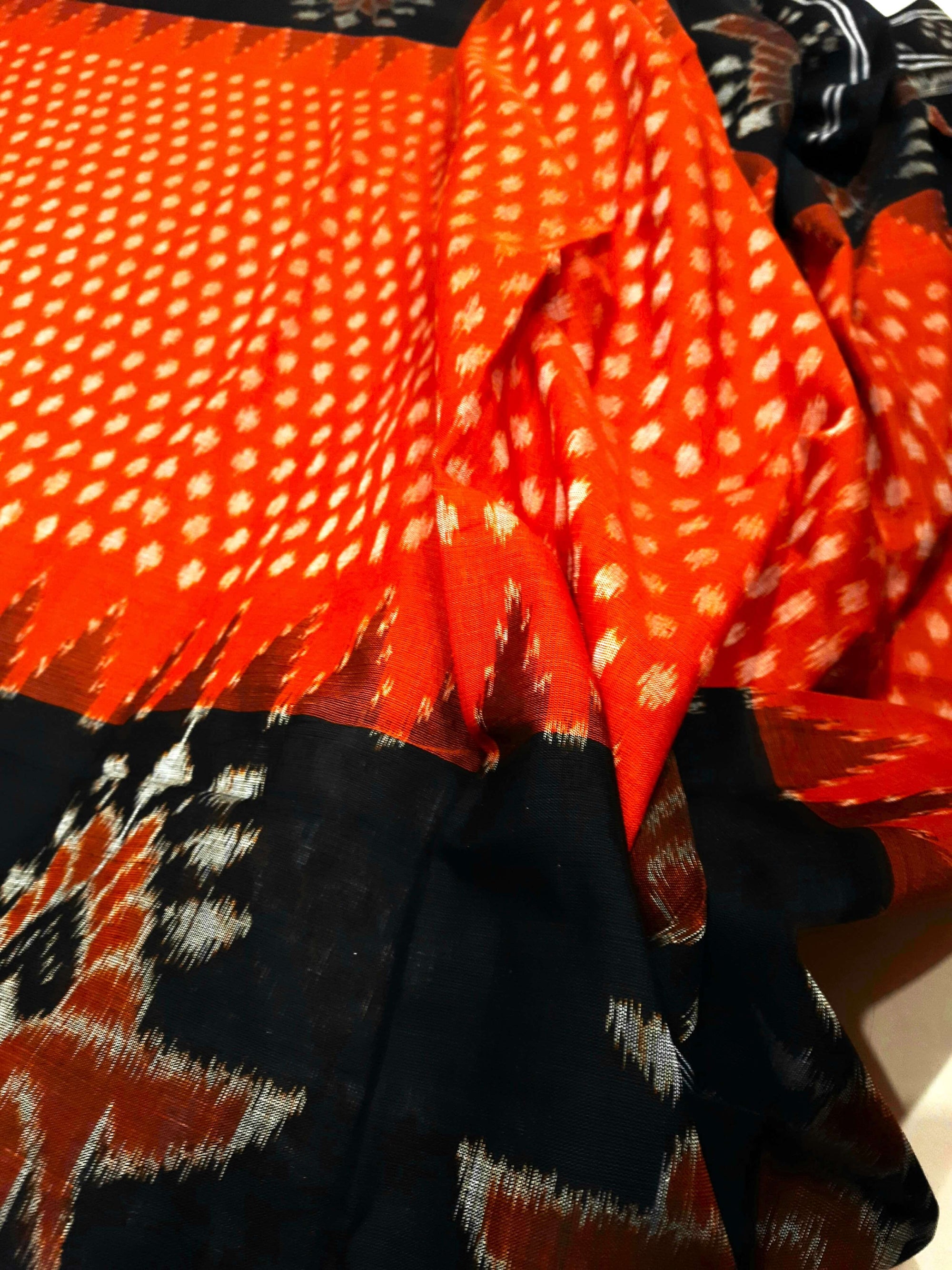 Rust wide border Odisha Ikat saree with mix match cotton ikat blouse