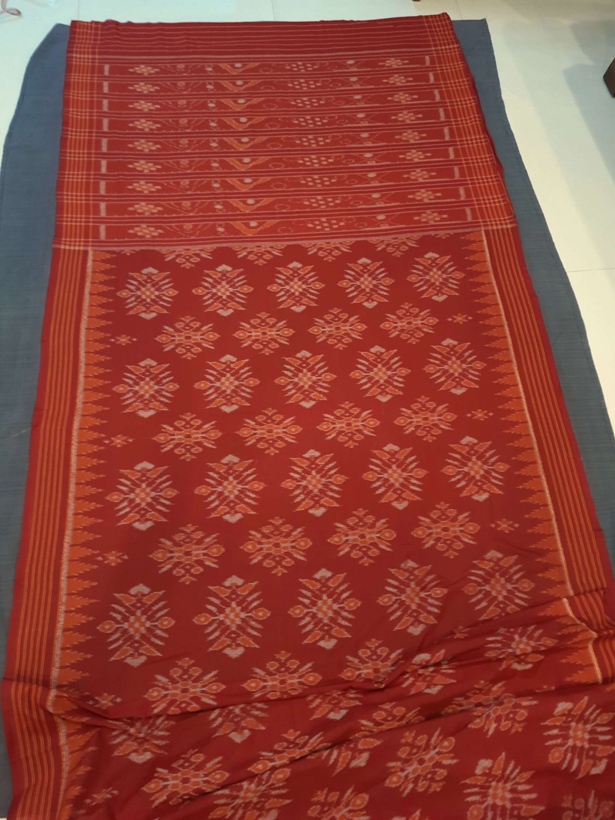 Red Khandua Cotton Odisha Ikat saree with running blouse piece