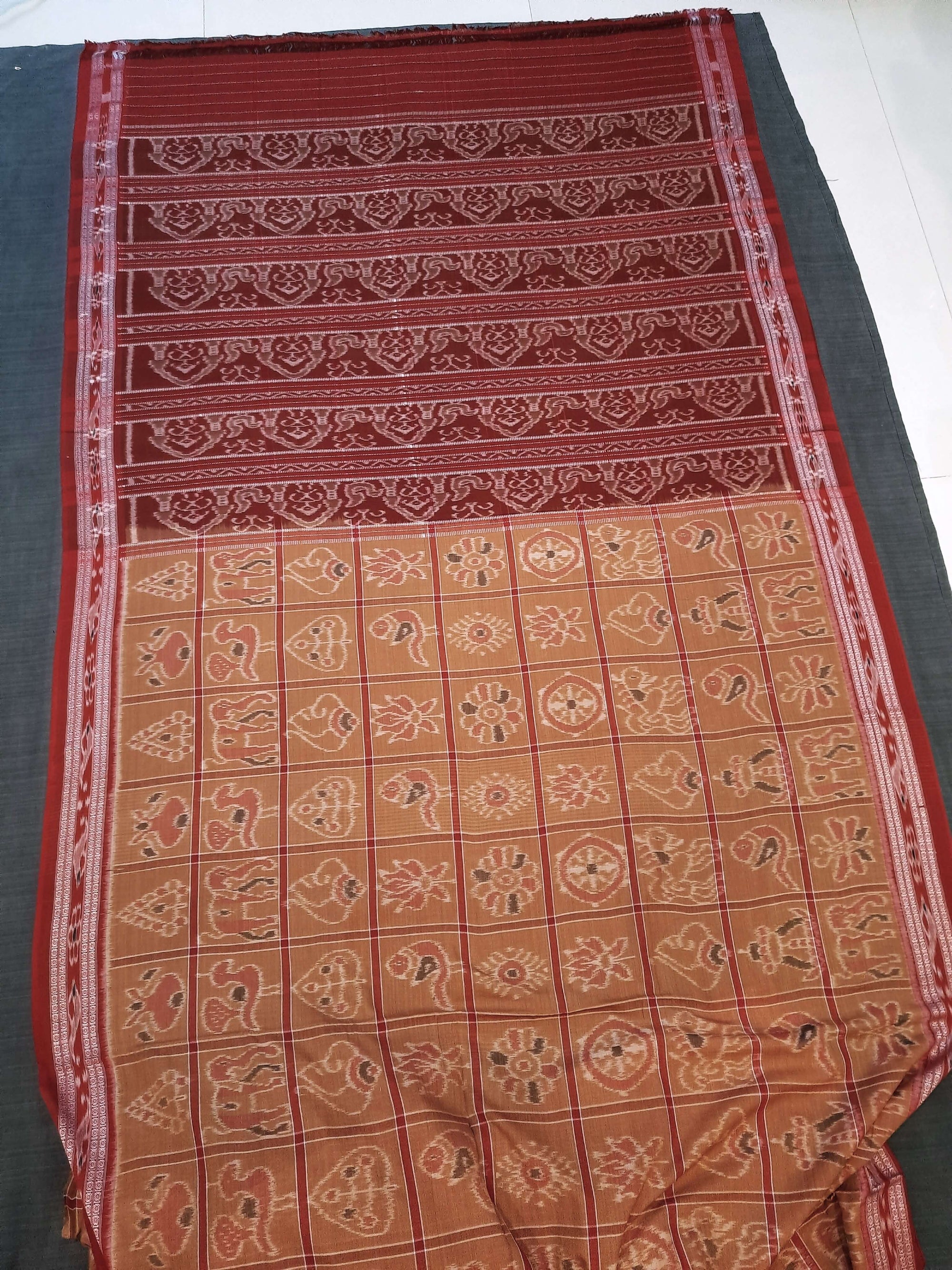 Rust Cotton Nabakothi Saree with mix match red Ikat blouse