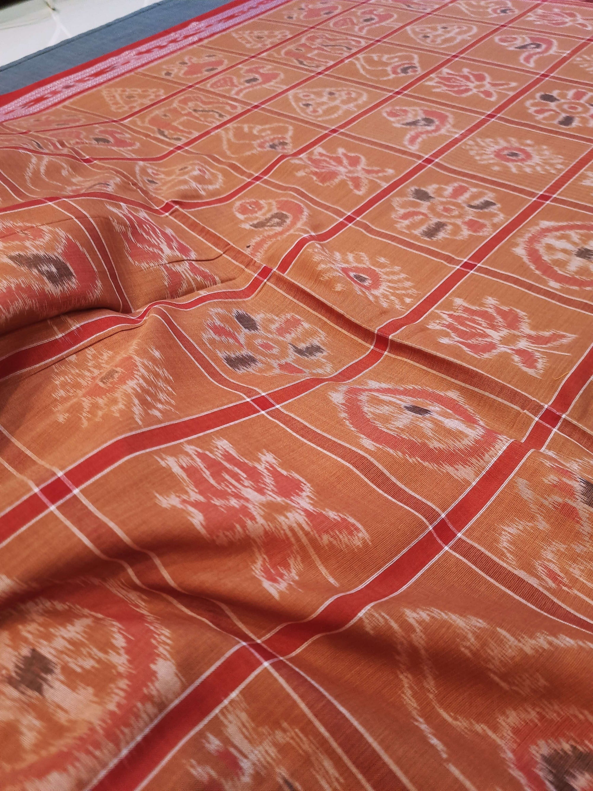 Rust Cotton Nabakothi Saree with mix match red Ikat blouse