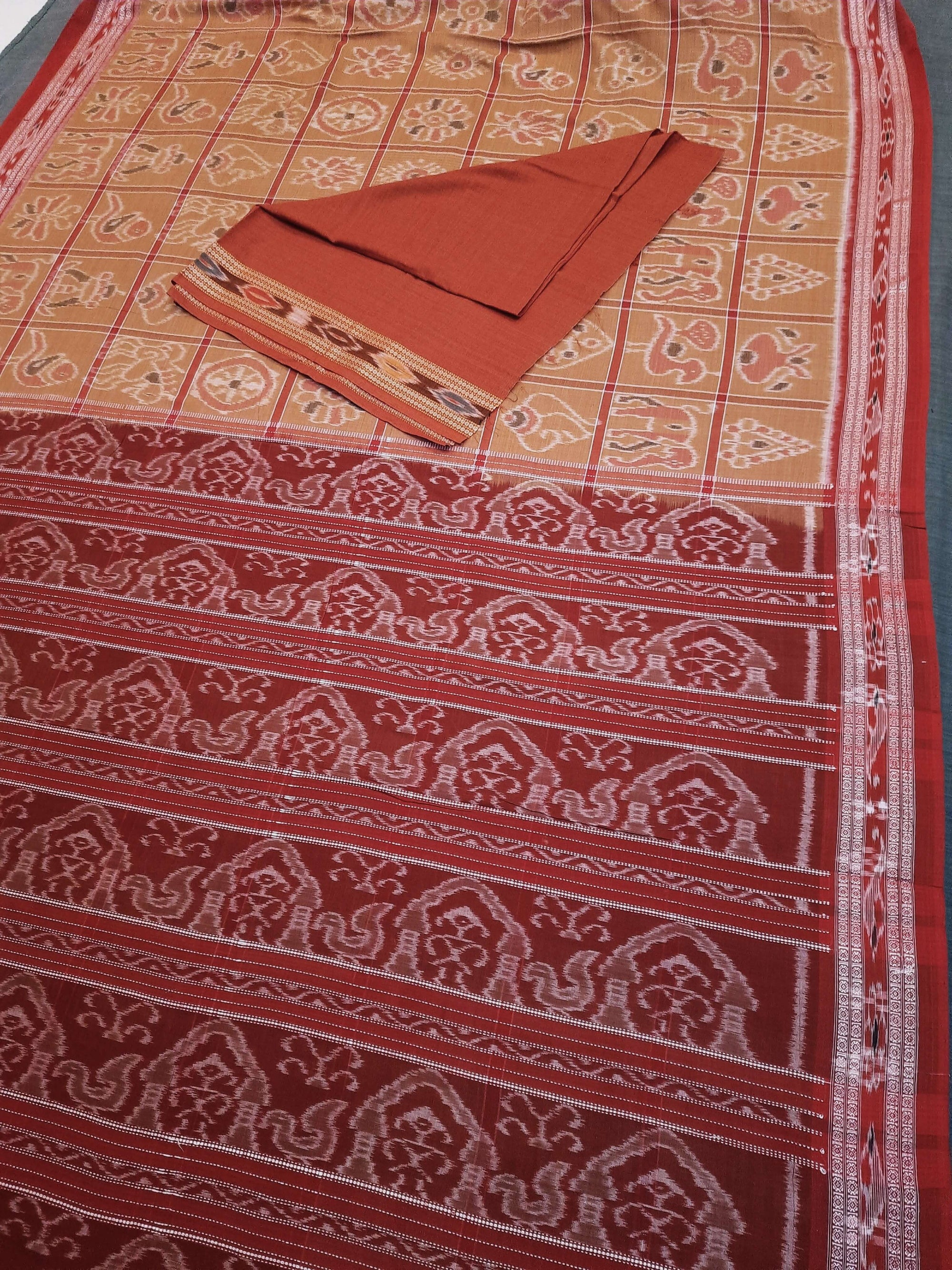 Rust Cotton Nabakothi Saree with mix match red Ikat blouse