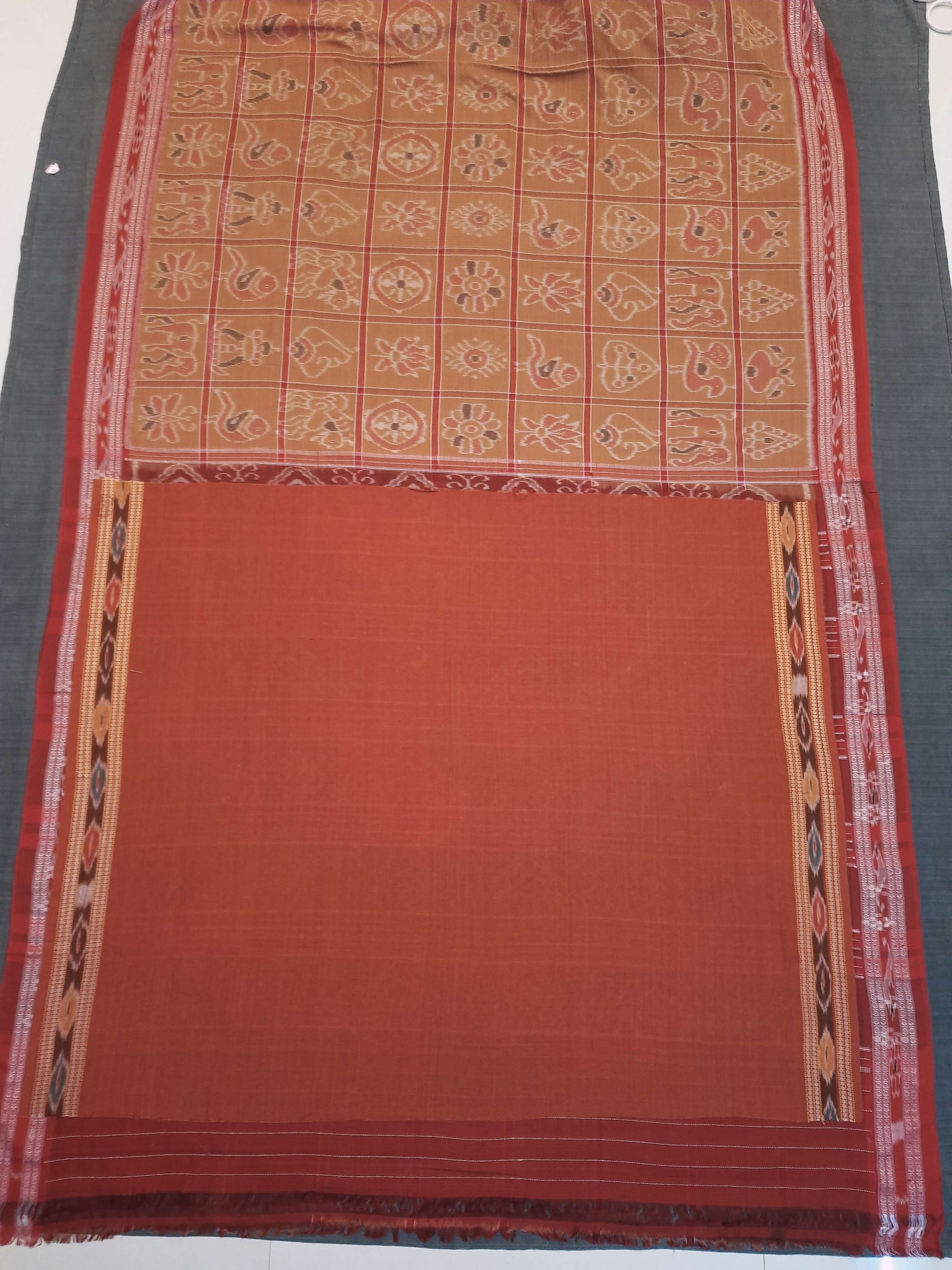 Rust Cotton Nabakothi Saree with mix match red Ikat blouse