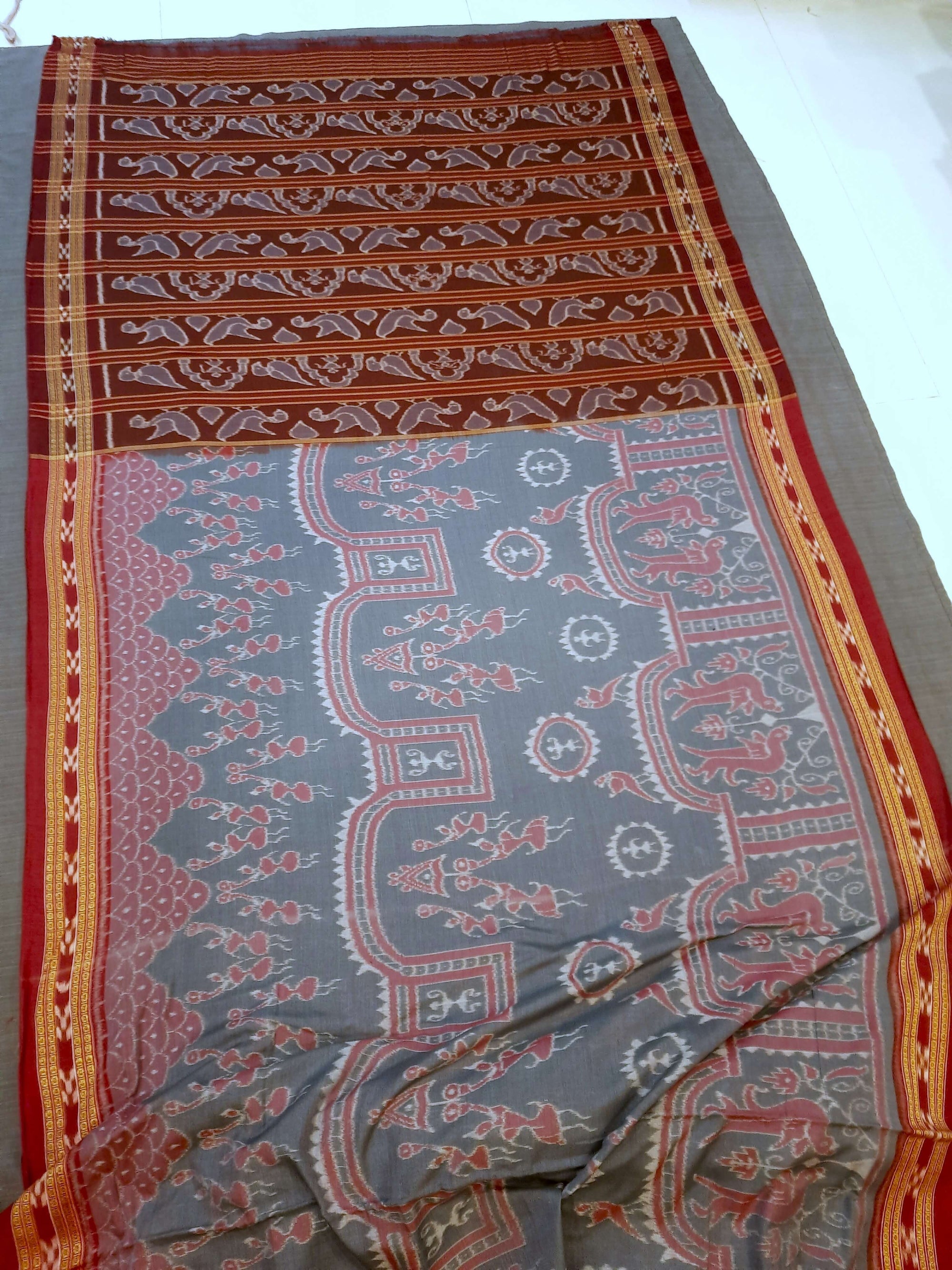 Grey  Odisha Ikat saree  with cotton ikat blouse piece