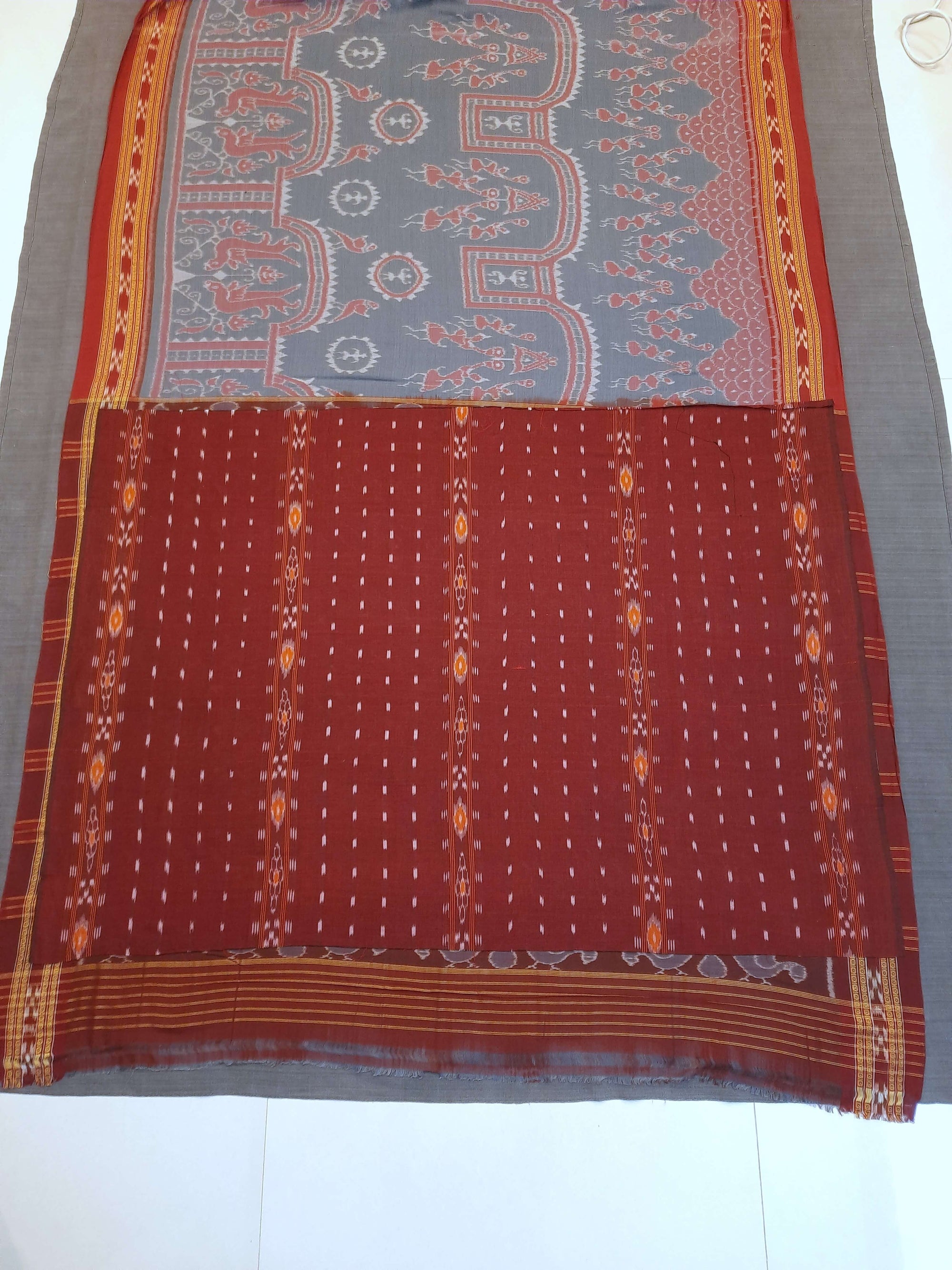 Grey  Odisha Ikat saree  with cotton ikat blouse piece