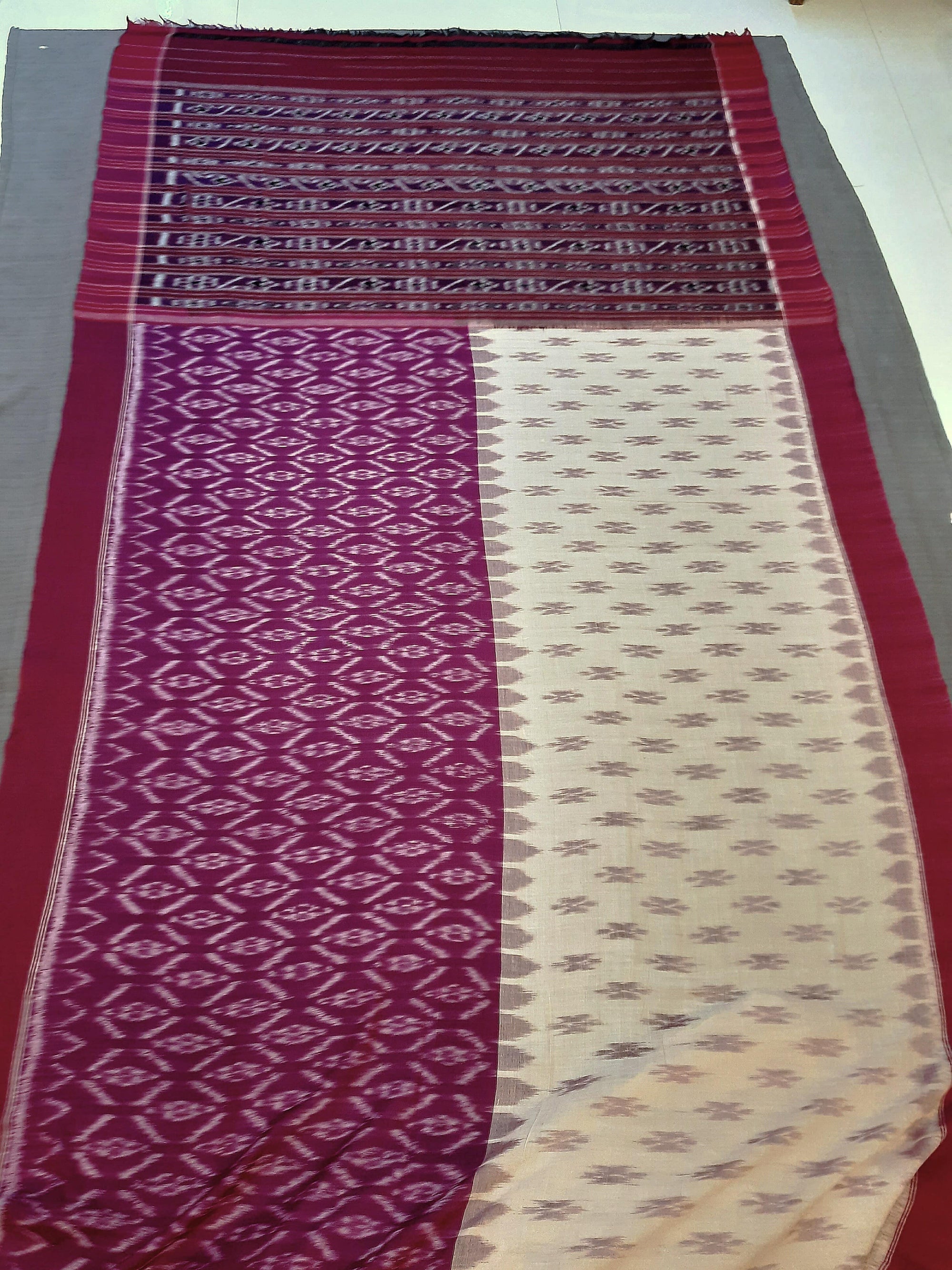 Beige and Purple combination Odisha Ikat saree  with cotton ikat blouse piece