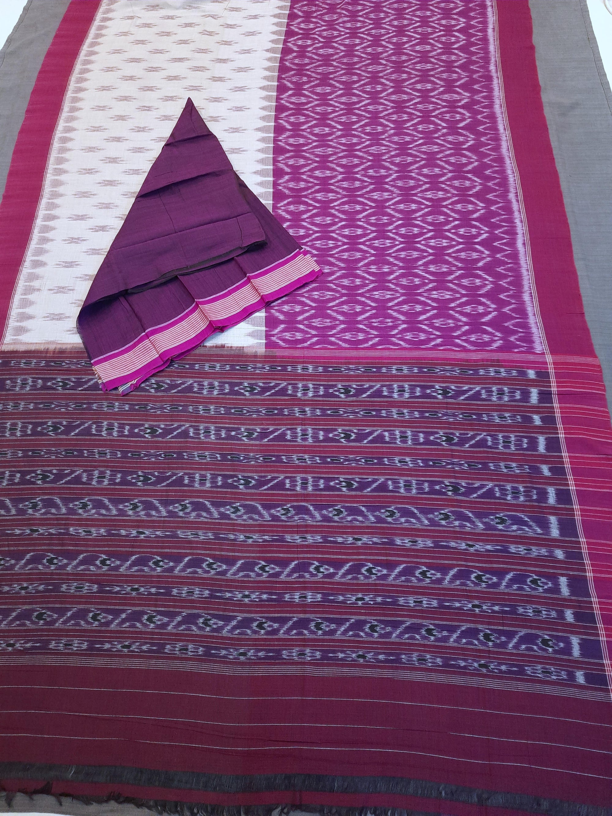 Beige and Purple combination Odisha Ikat saree  with cotton ikat blouse piece