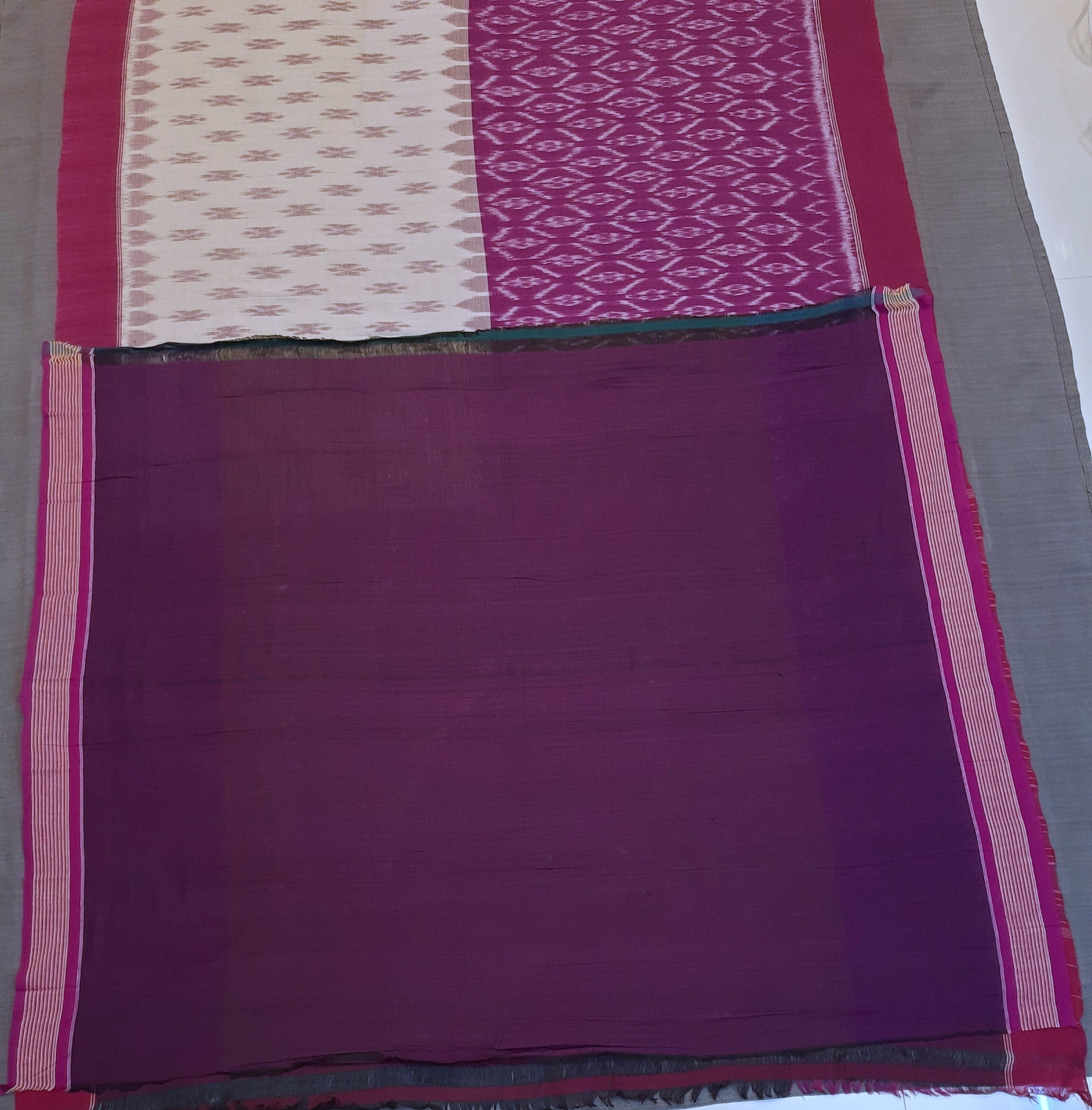 Beige and Purple combination Odisha Ikat saree  with cotton ikat blouse piece