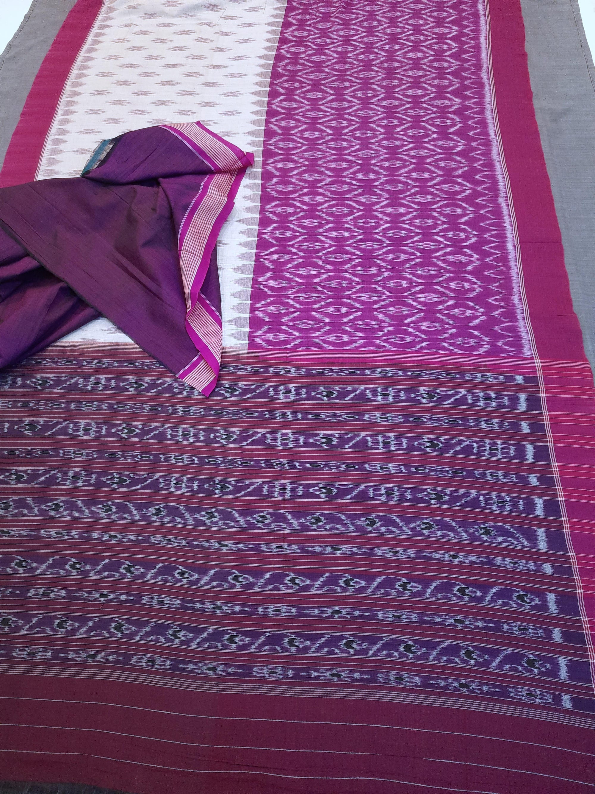 Beige and Purple combination Odisha Ikat saree  with cotton ikat blouse piece