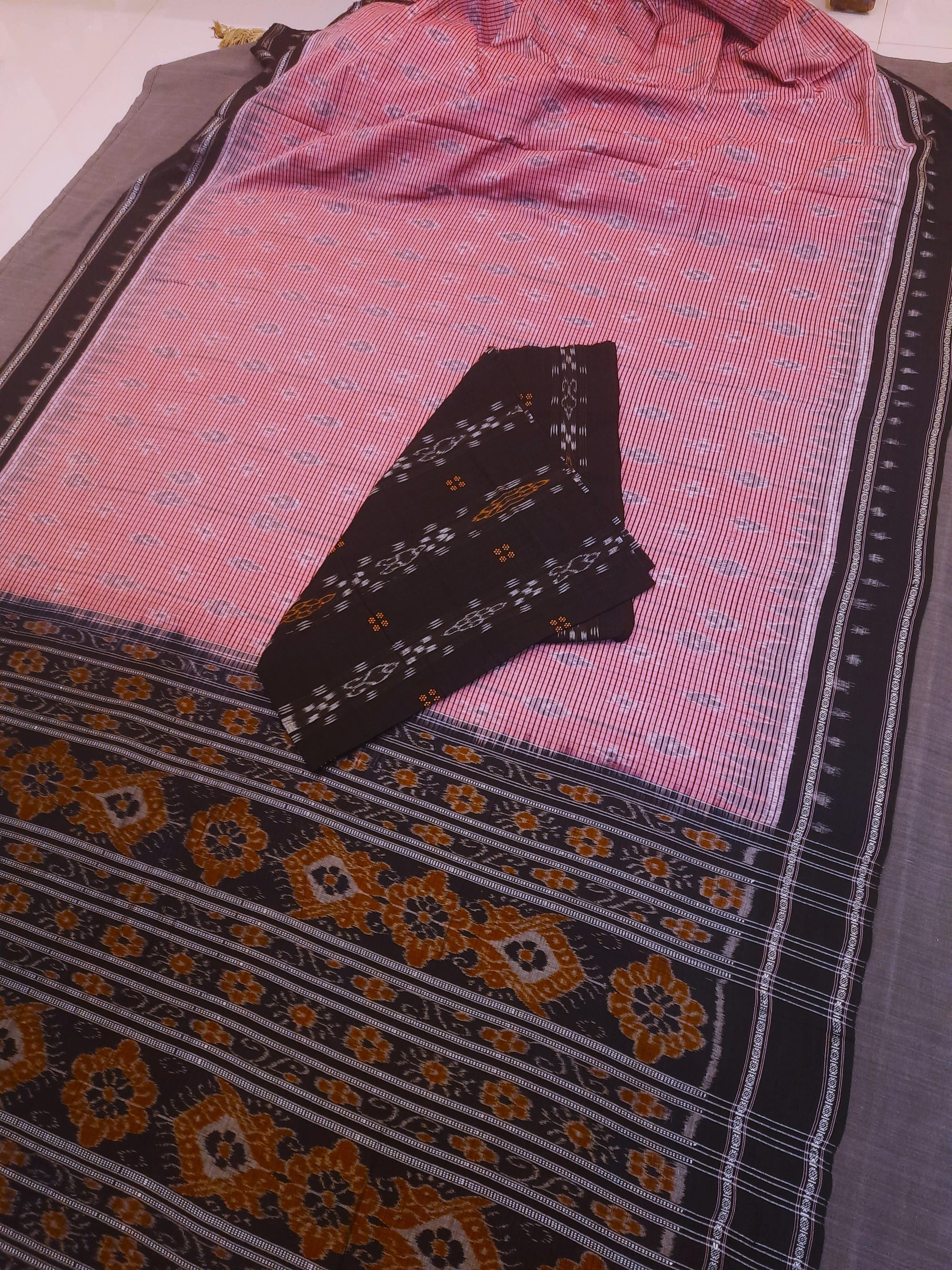 Pink and Black Odisha Ikat saree  with cotton ikat  blouse piece