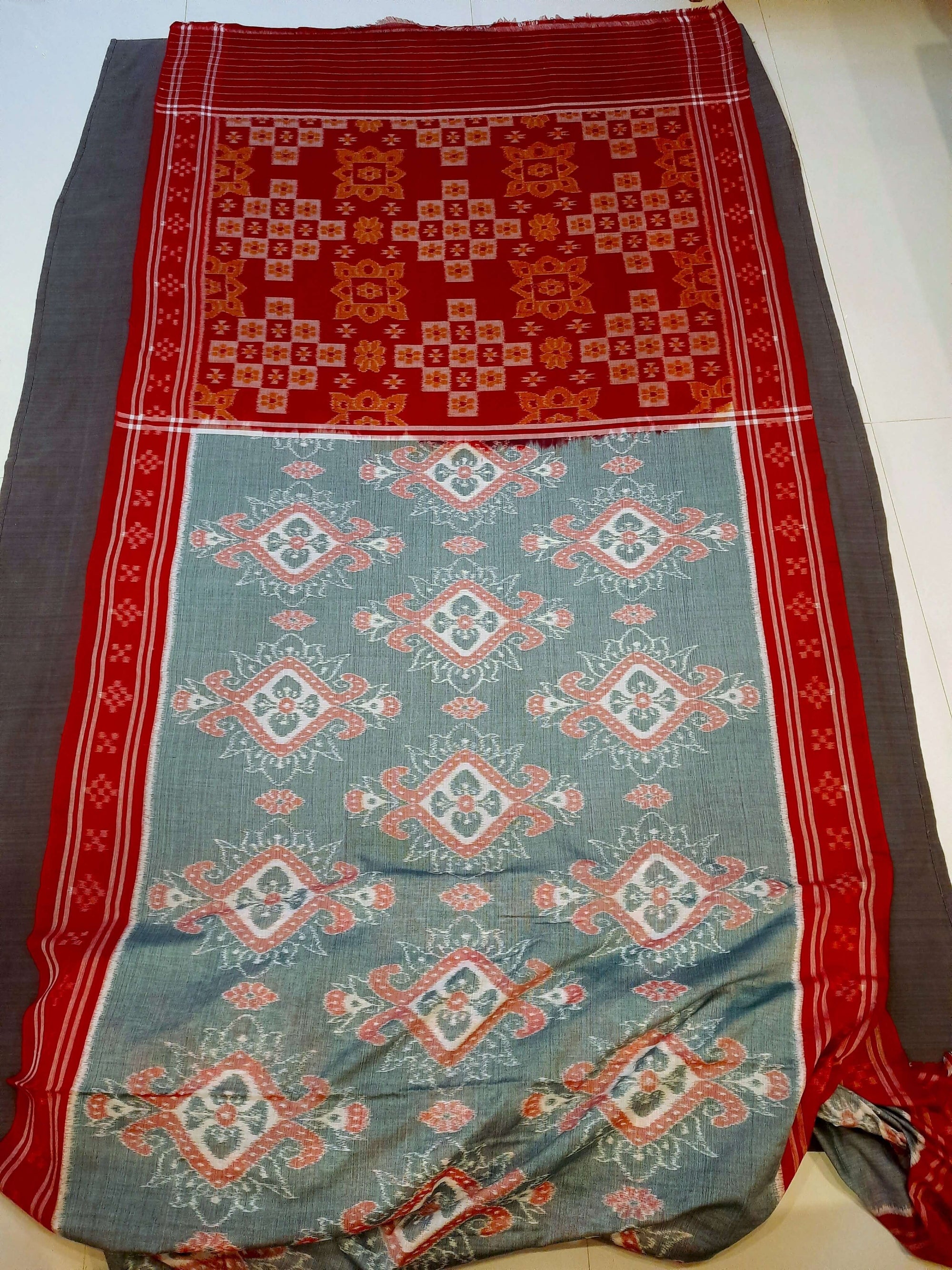 Green and Red Odisha Ikat saree  with cotton ikat blouse piece