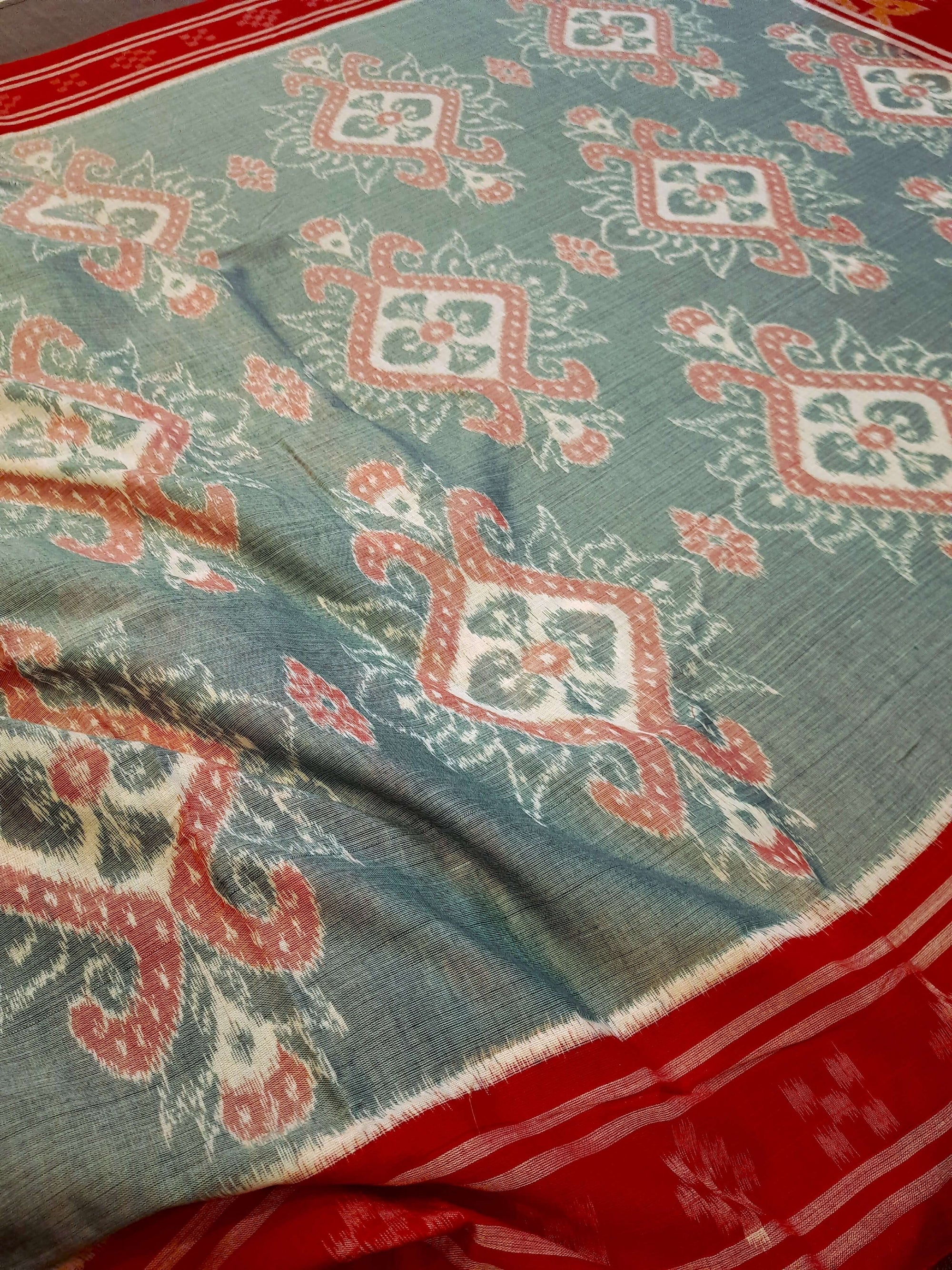 Green and Red Odisha Ikat saree  with cotton ikat blouse piece