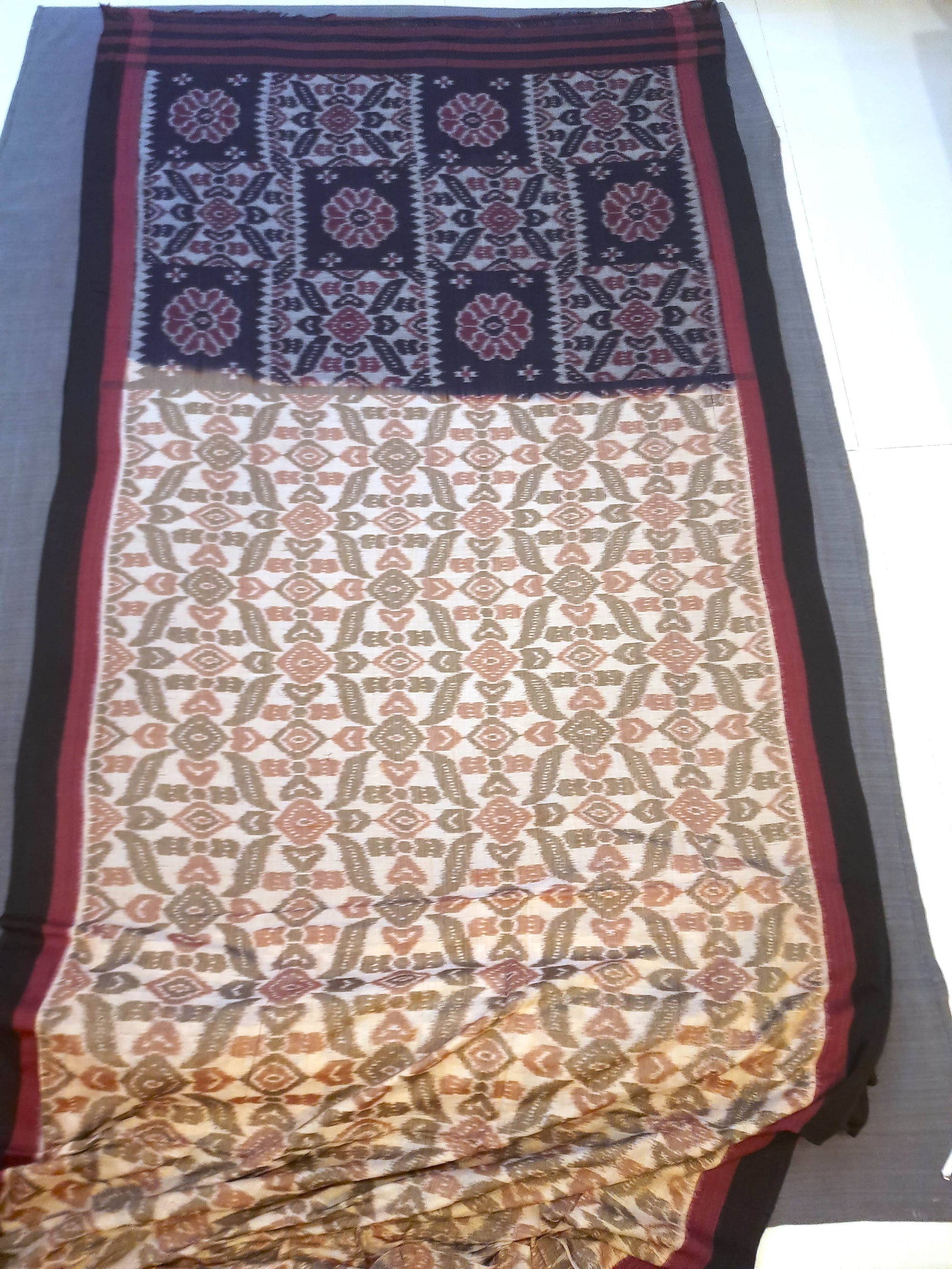 Beige Cotton Odisha Ikat saree  with mix match cotton ikat blouse