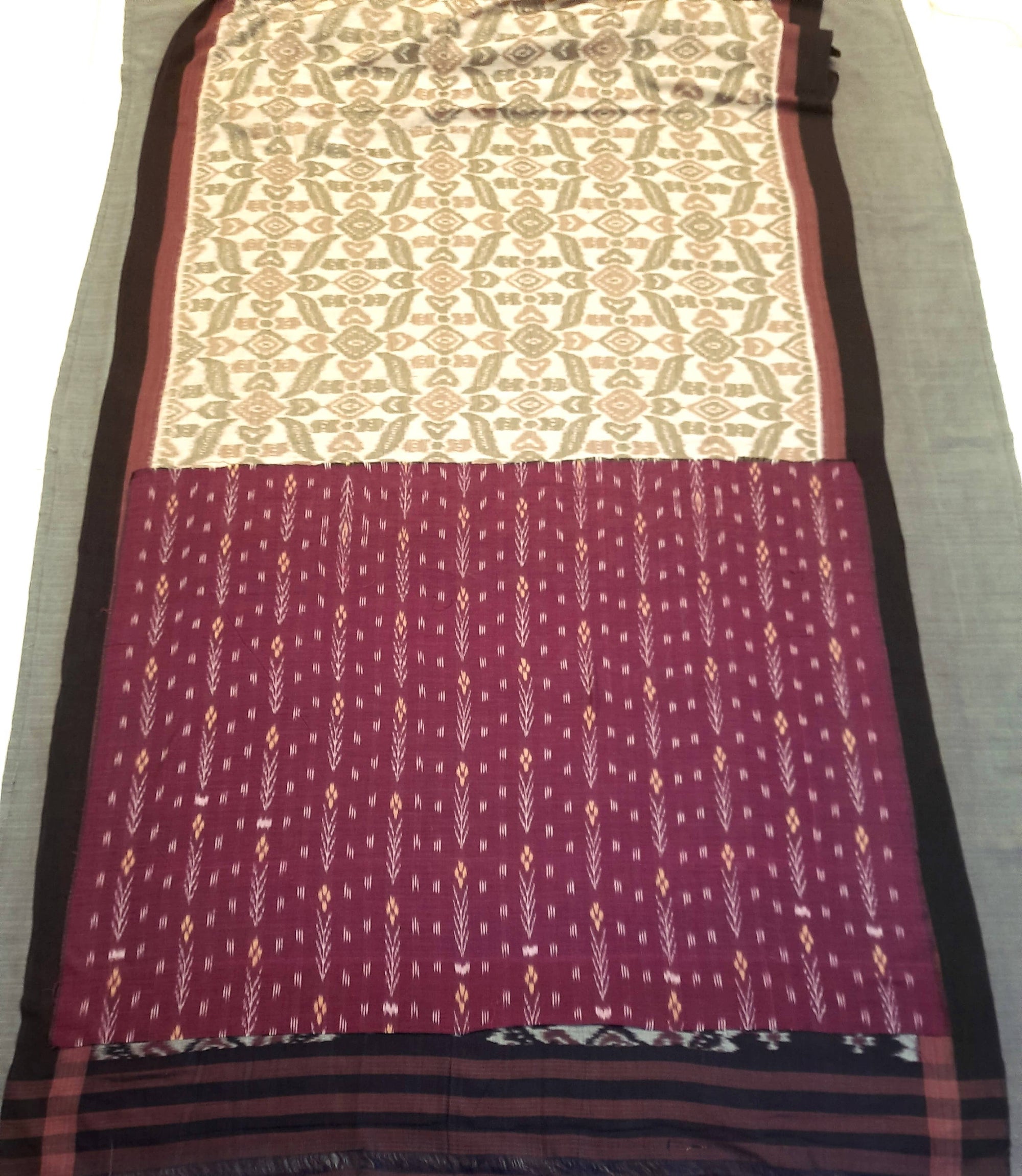 Beige Cotton Odisha Ikat saree  with mix match cotton ikat blouse