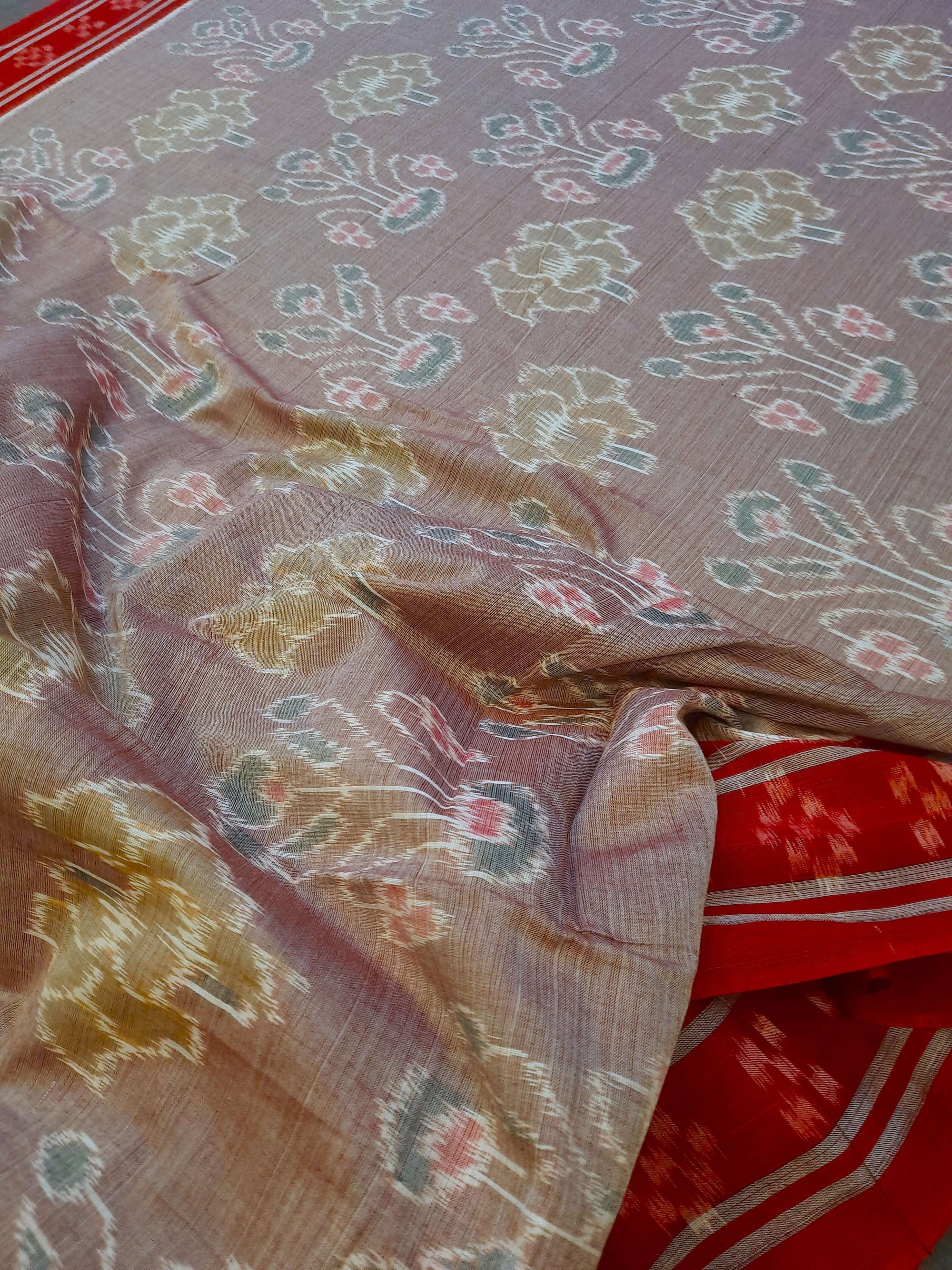 Rosy brown Odisha Ikat saree  with cotton ikat blouse piece