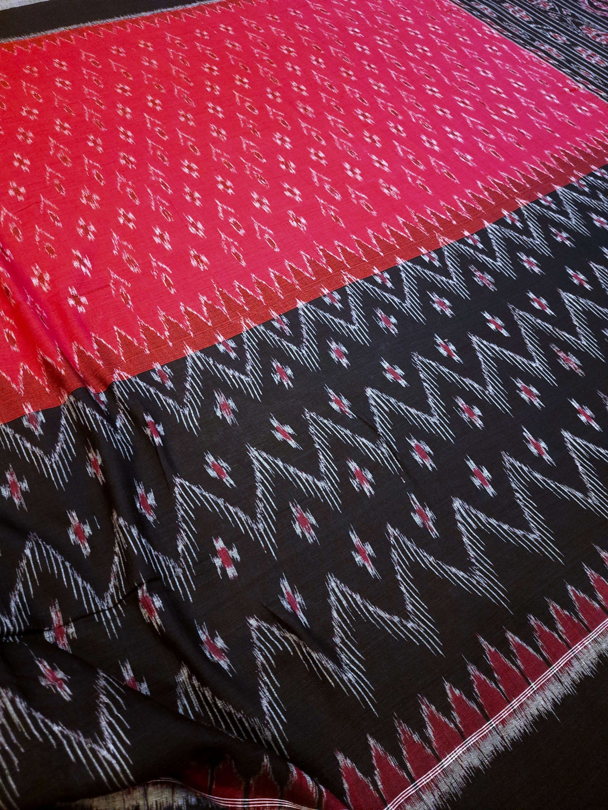 Red and Black Odisha Ikat saree with matching cotton ikat blouse piece