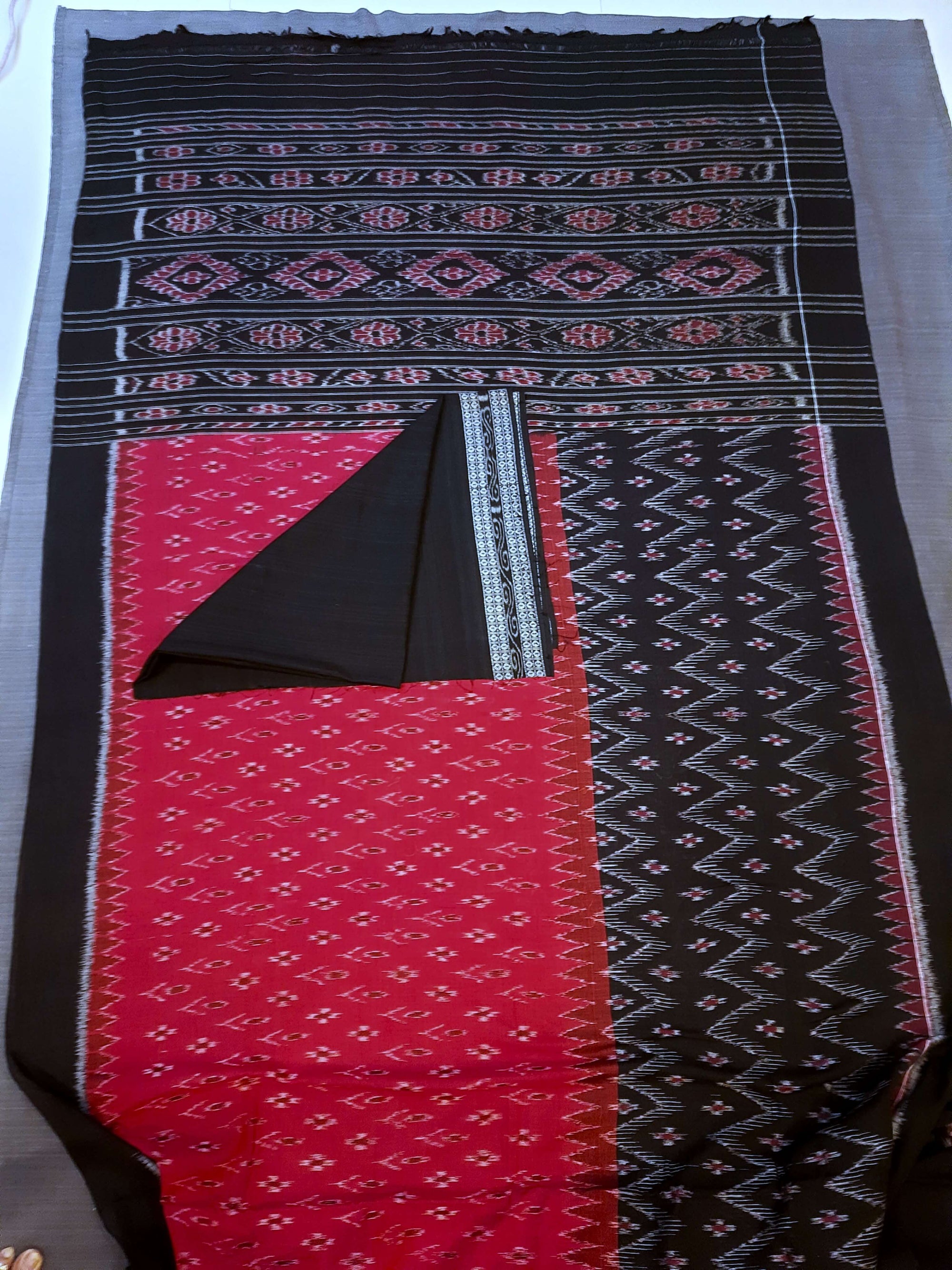 Red and Black Odisha Ikat saree with matching cotton ikat blouse piece