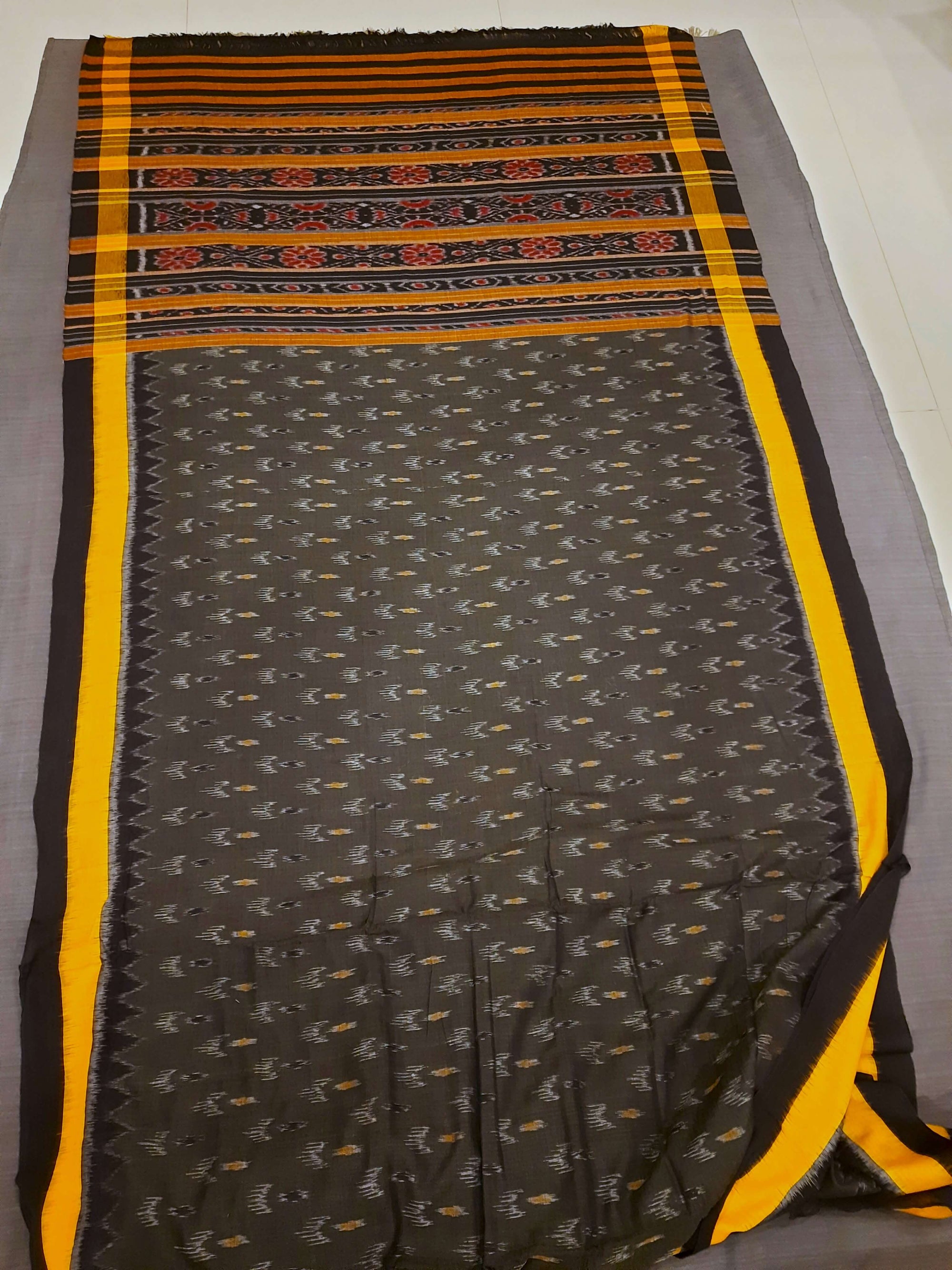 Grey Cotton Odisha Ikat saree  with  cotton ikat blouse piece