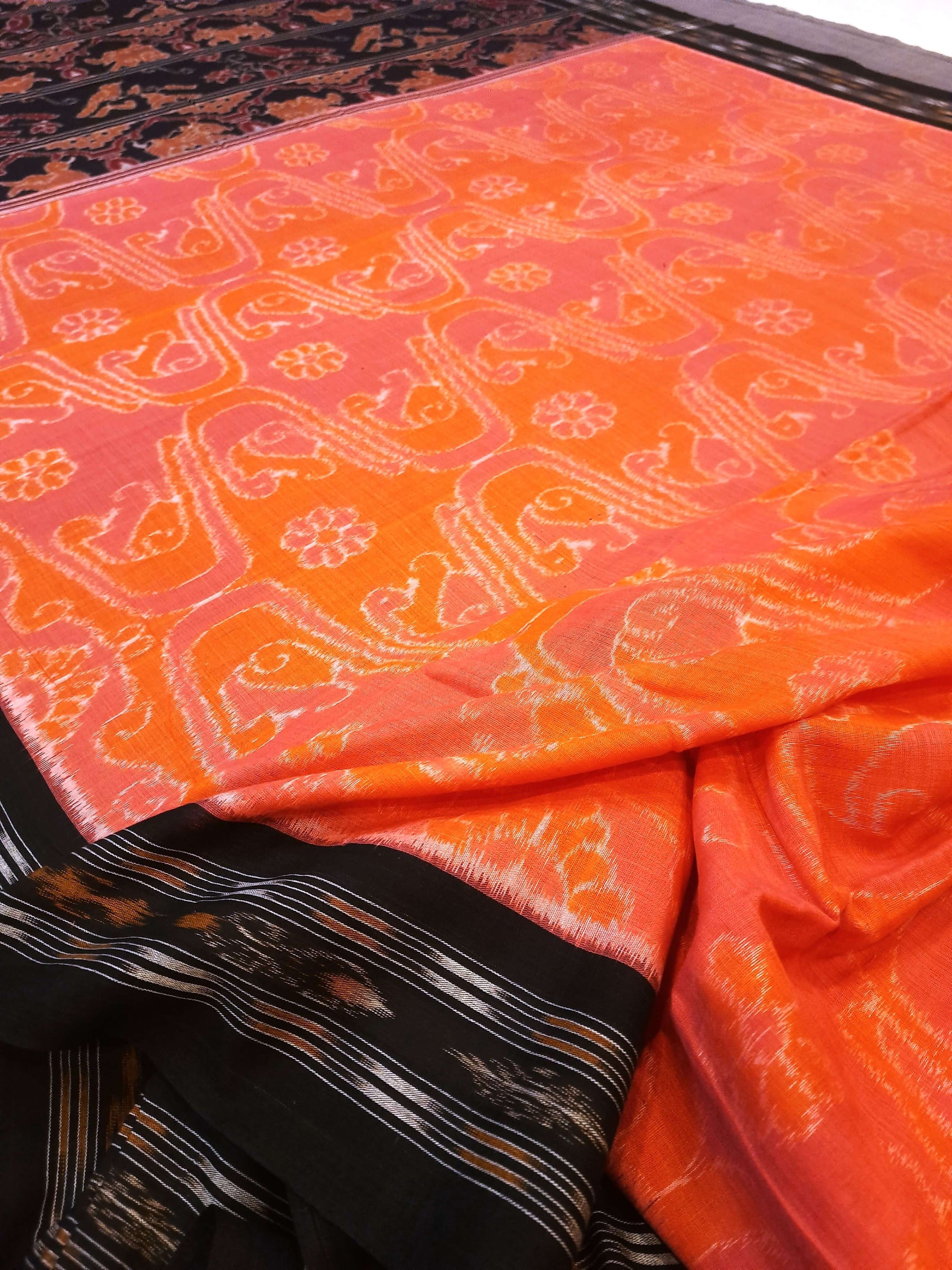 Pink and Orange Odisha Ikat saree with matching cotton ikat blouse piece