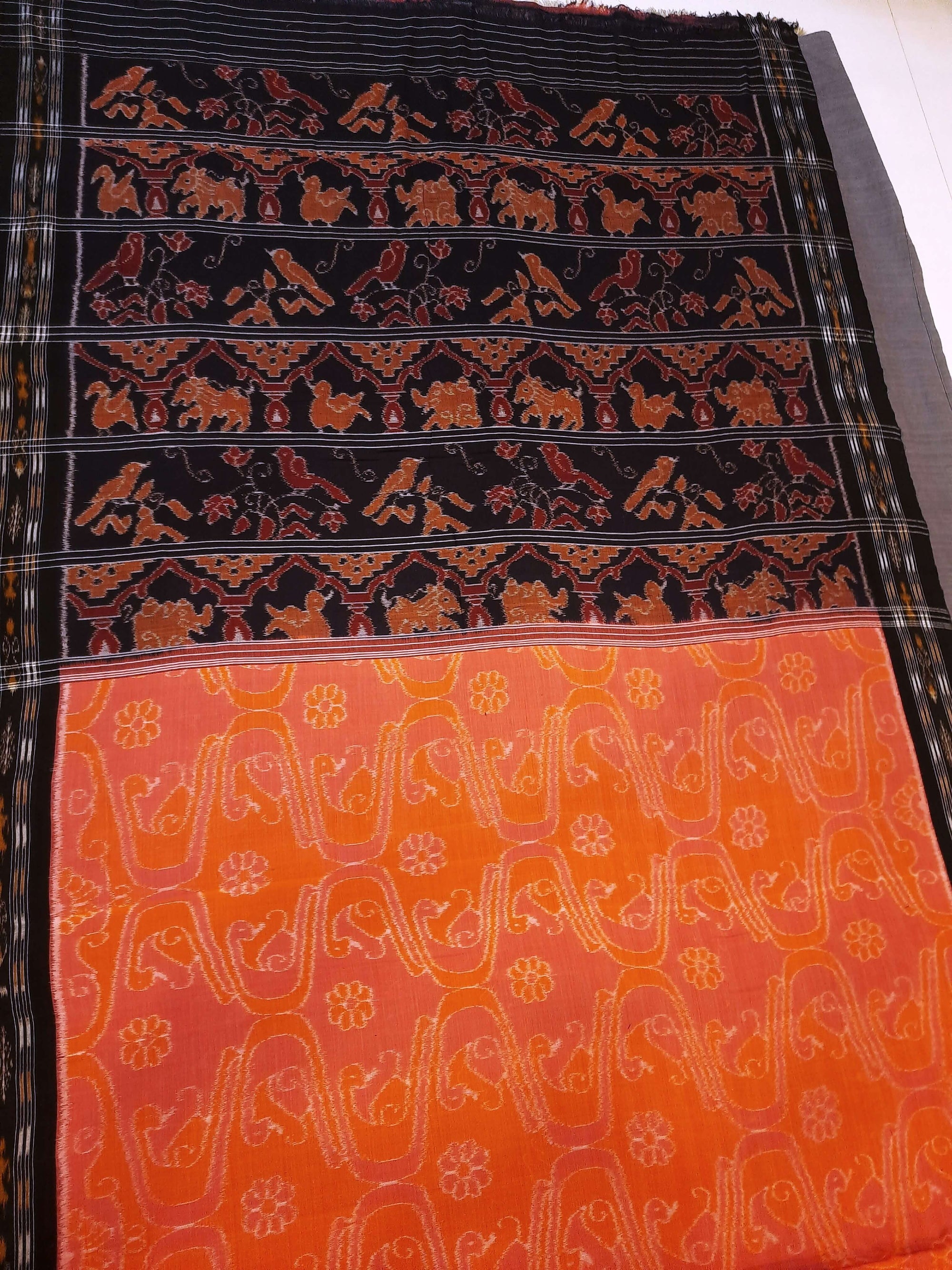 Pink and Orange Odisha Ikat saree with matching cotton ikat blouse piece