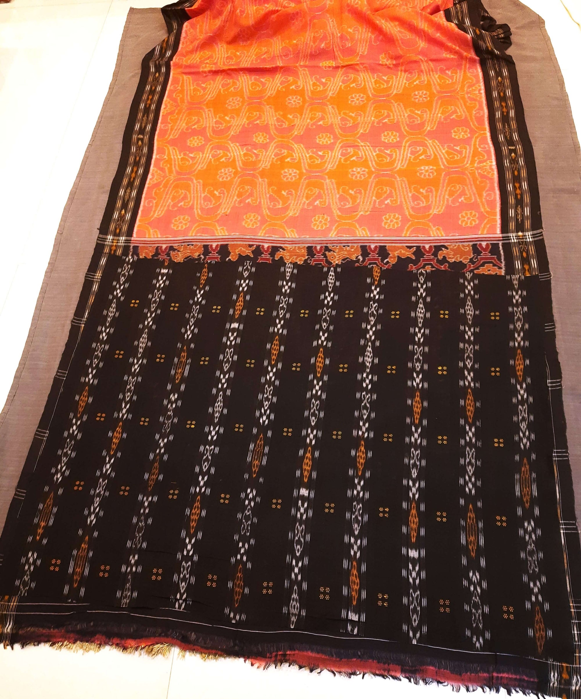 Pink and Orange Odisha Ikat saree with matching cotton ikat blouse piece