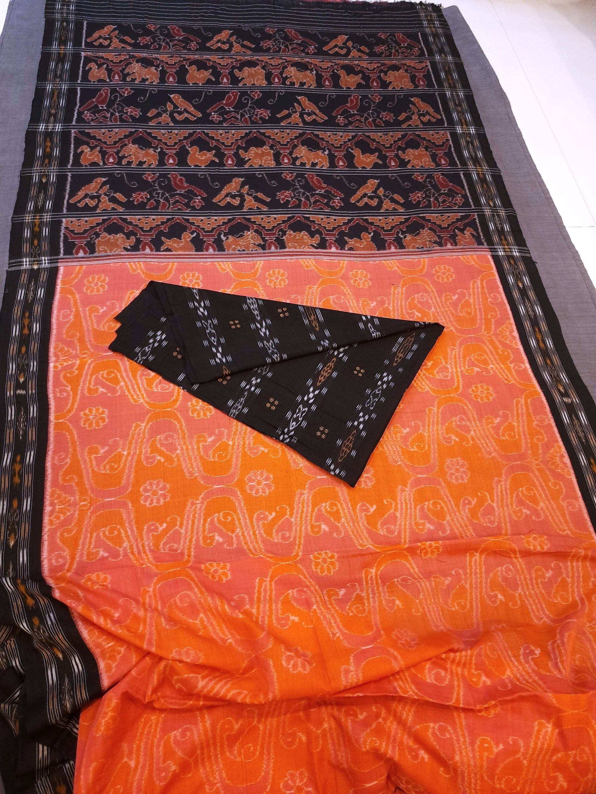 Pink and Orange Odisha Ikat saree with matching cotton ikat blouse piece