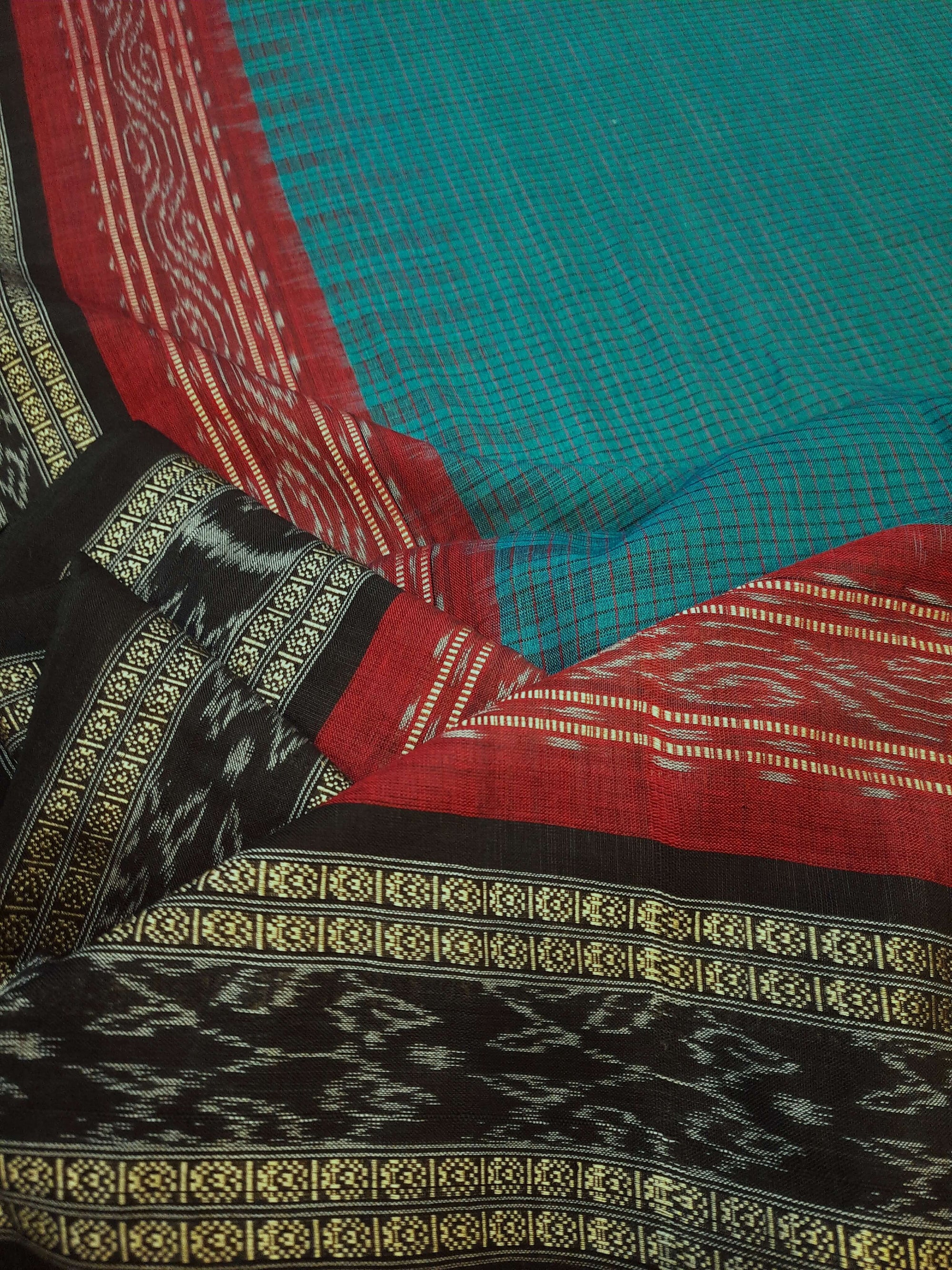 Green double order Sachipar Nuapatna Cotton Ikat saree with sambalpuri ikat blouse piece