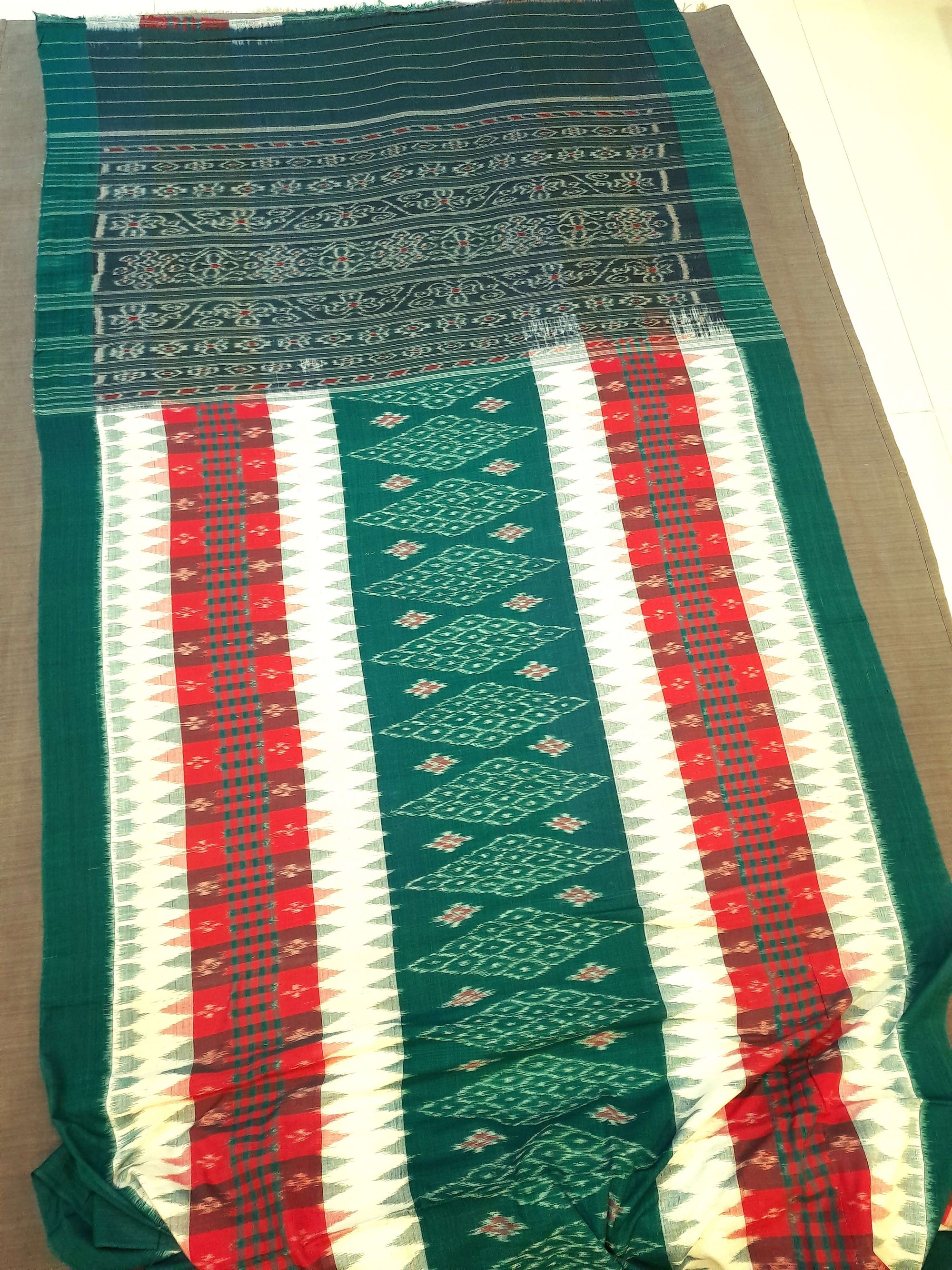 White and Green with Red Cotton Odisha Ikat saree  with  cotton ikat blouse piece