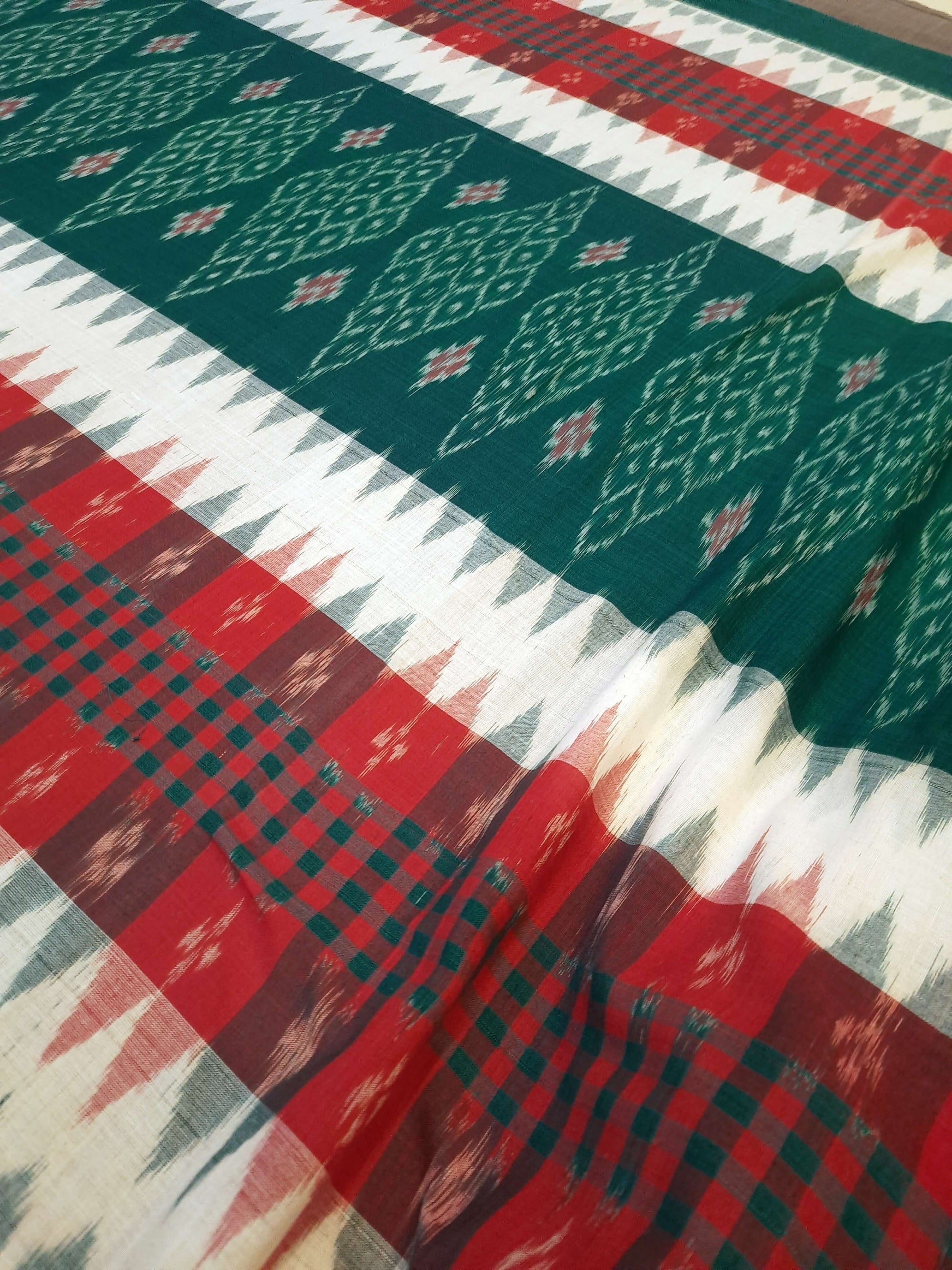 White and Green with Red Cotton Odisha Ikat saree  with  cotton ikat blouse piece