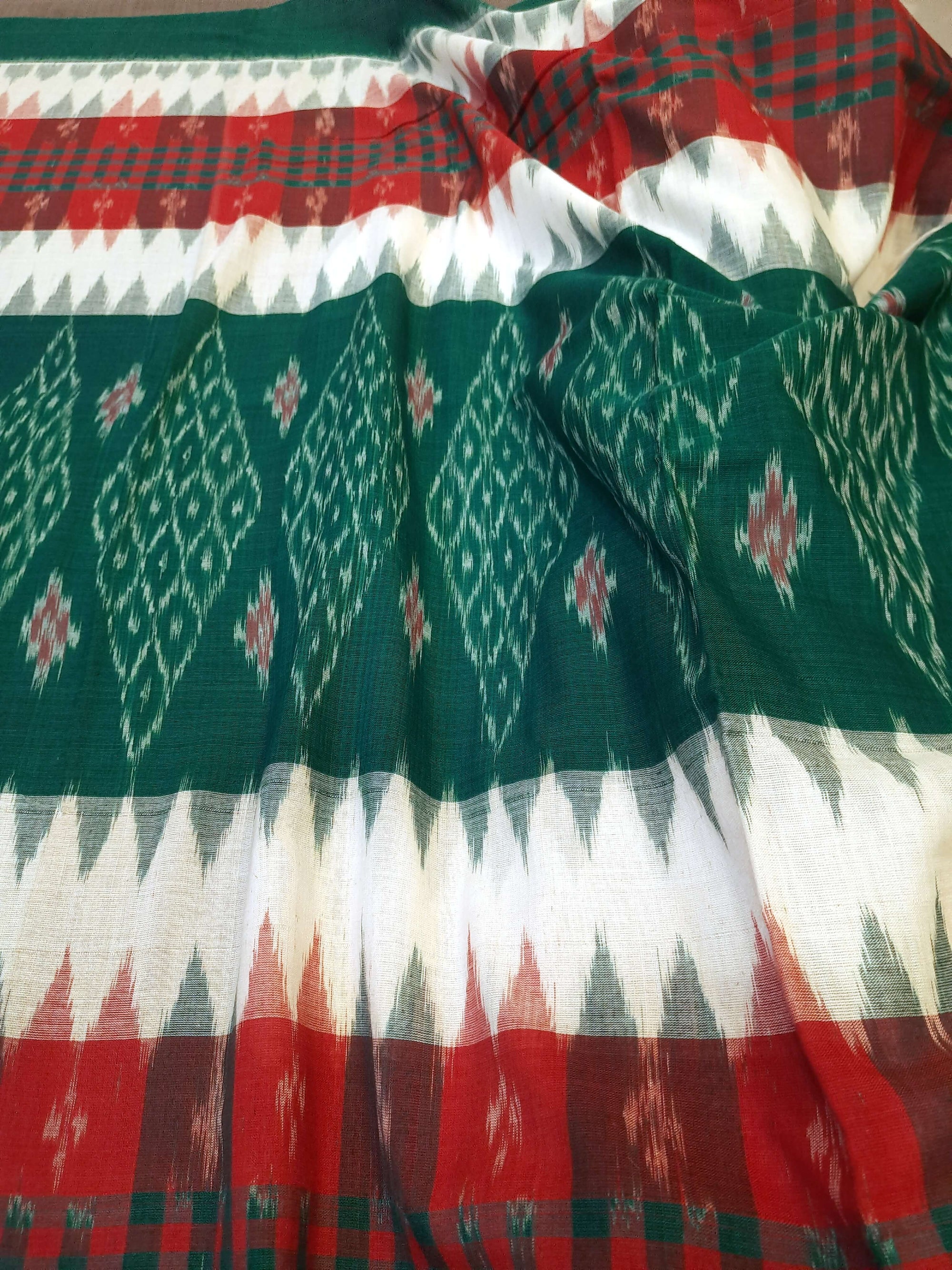 White and Green with Red Cotton Odisha Ikat saree  with  cotton ikat blouse piece