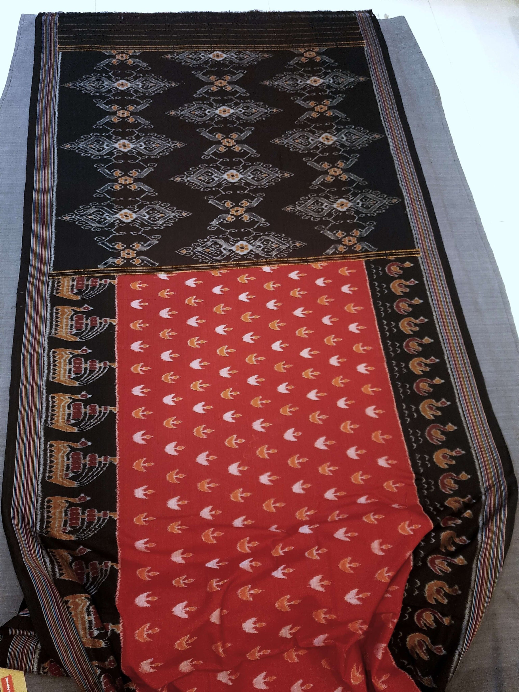 Red cotton Odisha Ikat saree with cotton ikat blouse piece