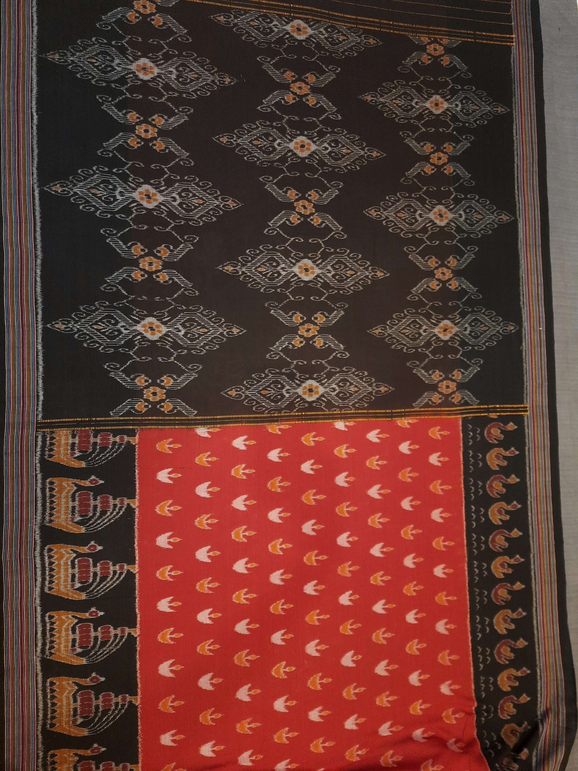 Red cotton Odisha Ikat saree with cotton ikat blouse piece