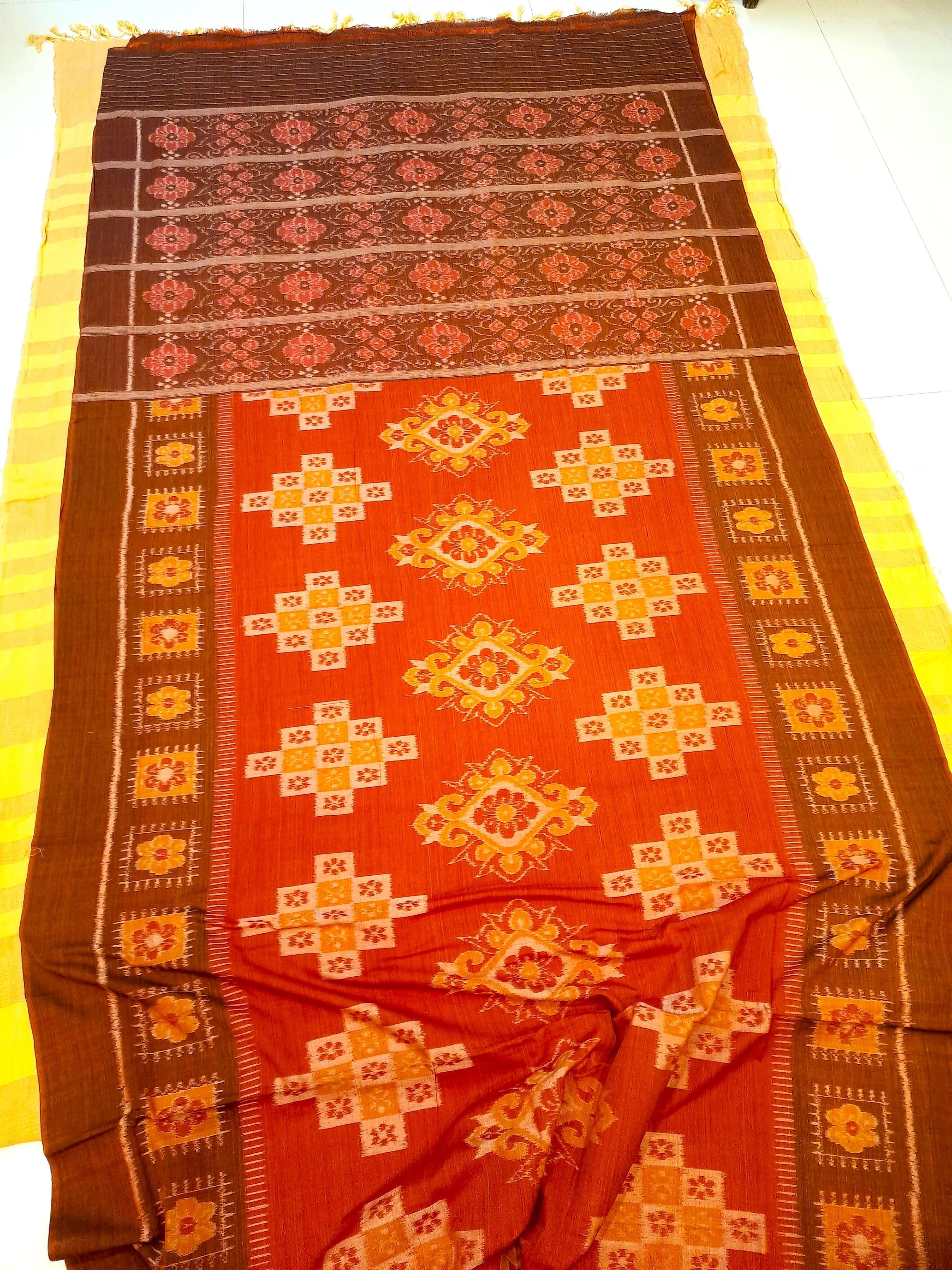 Rust with Brown colour Odisha Ikat saree  with cotton ikat blouse piece