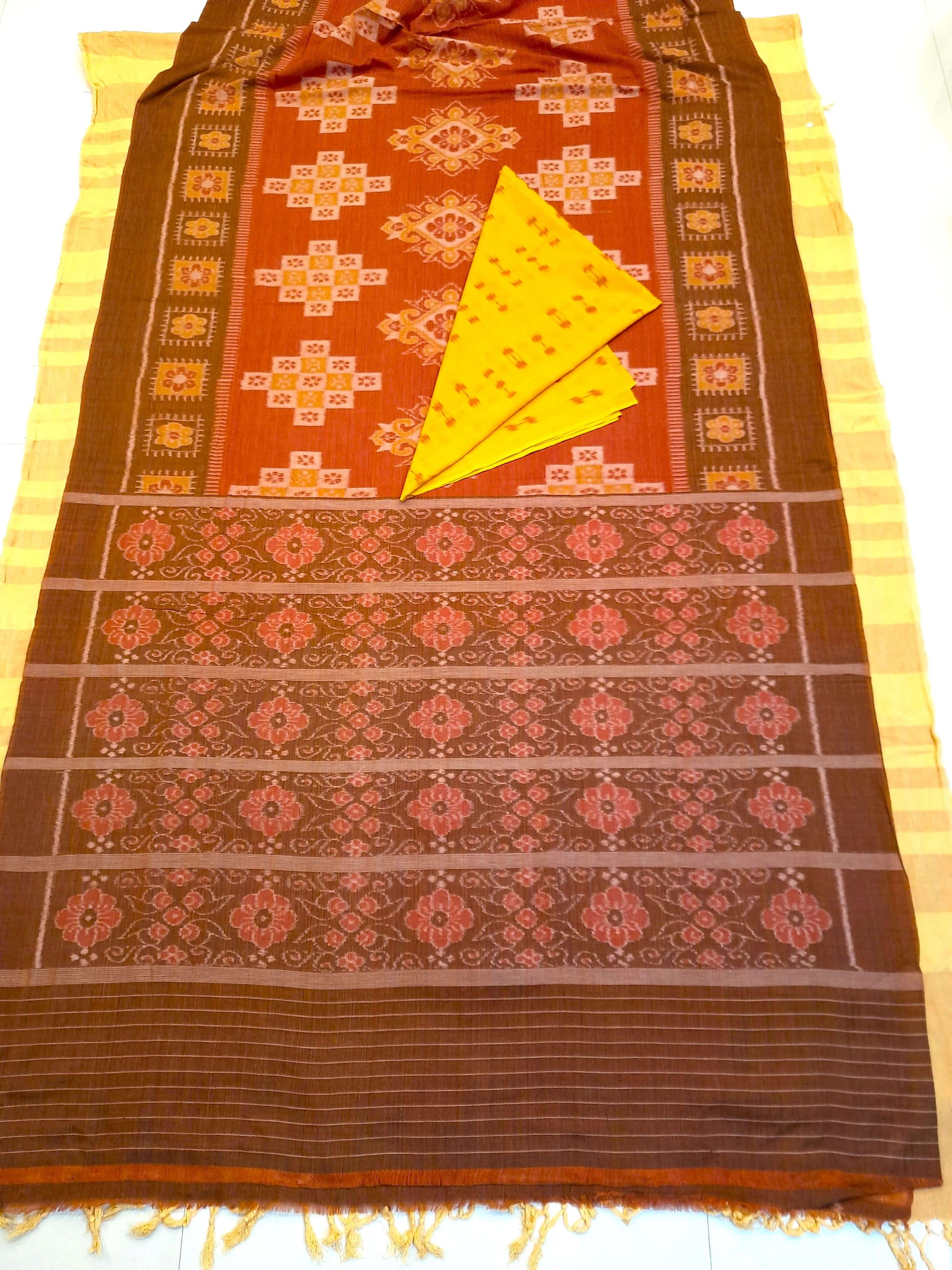 Rust with Brown colour Odisha Ikat saree  with cotton ikat blouse piece