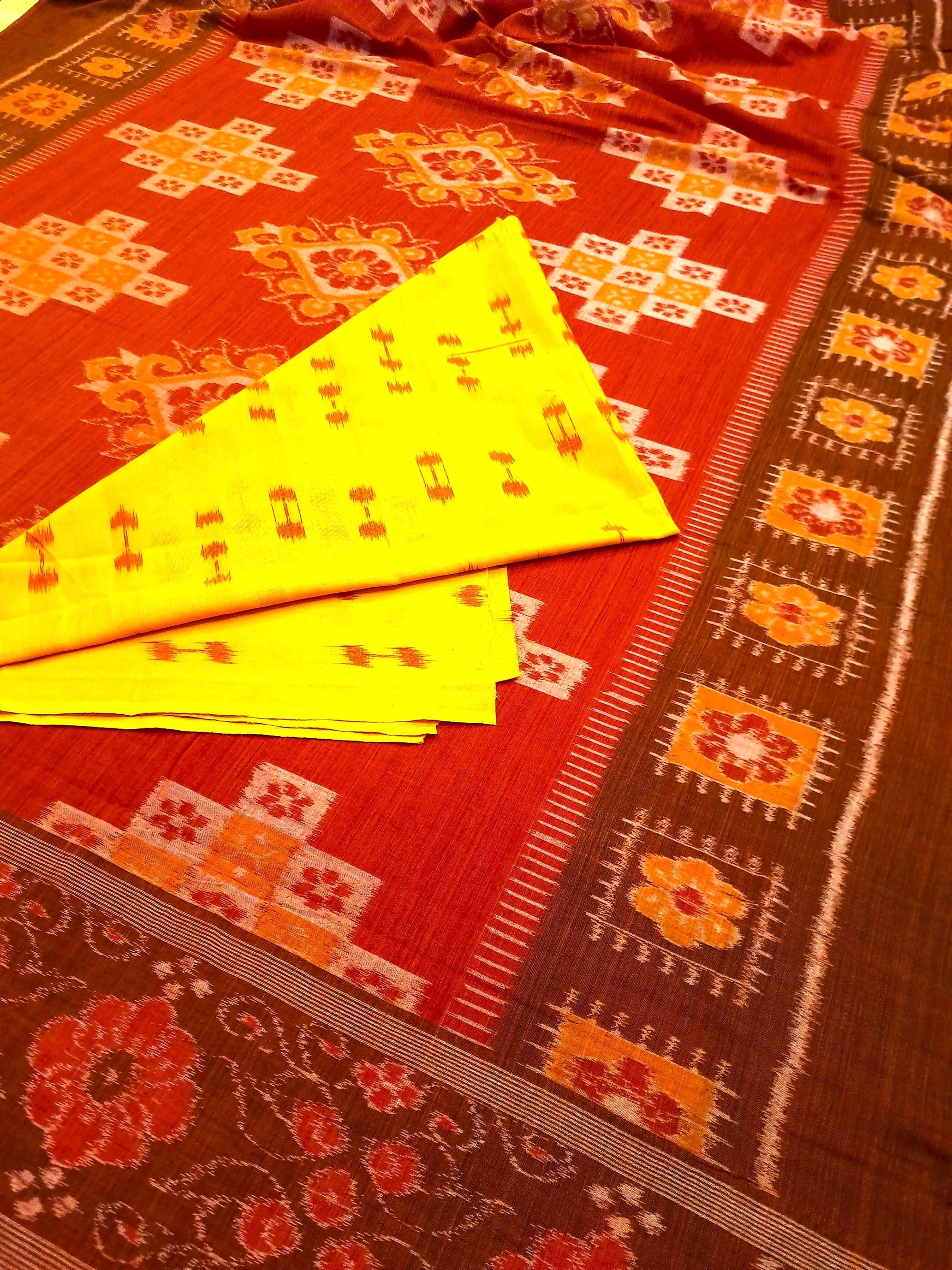 Rust with Brown colour Odisha Ikat saree  with cotton ikat blouse piece