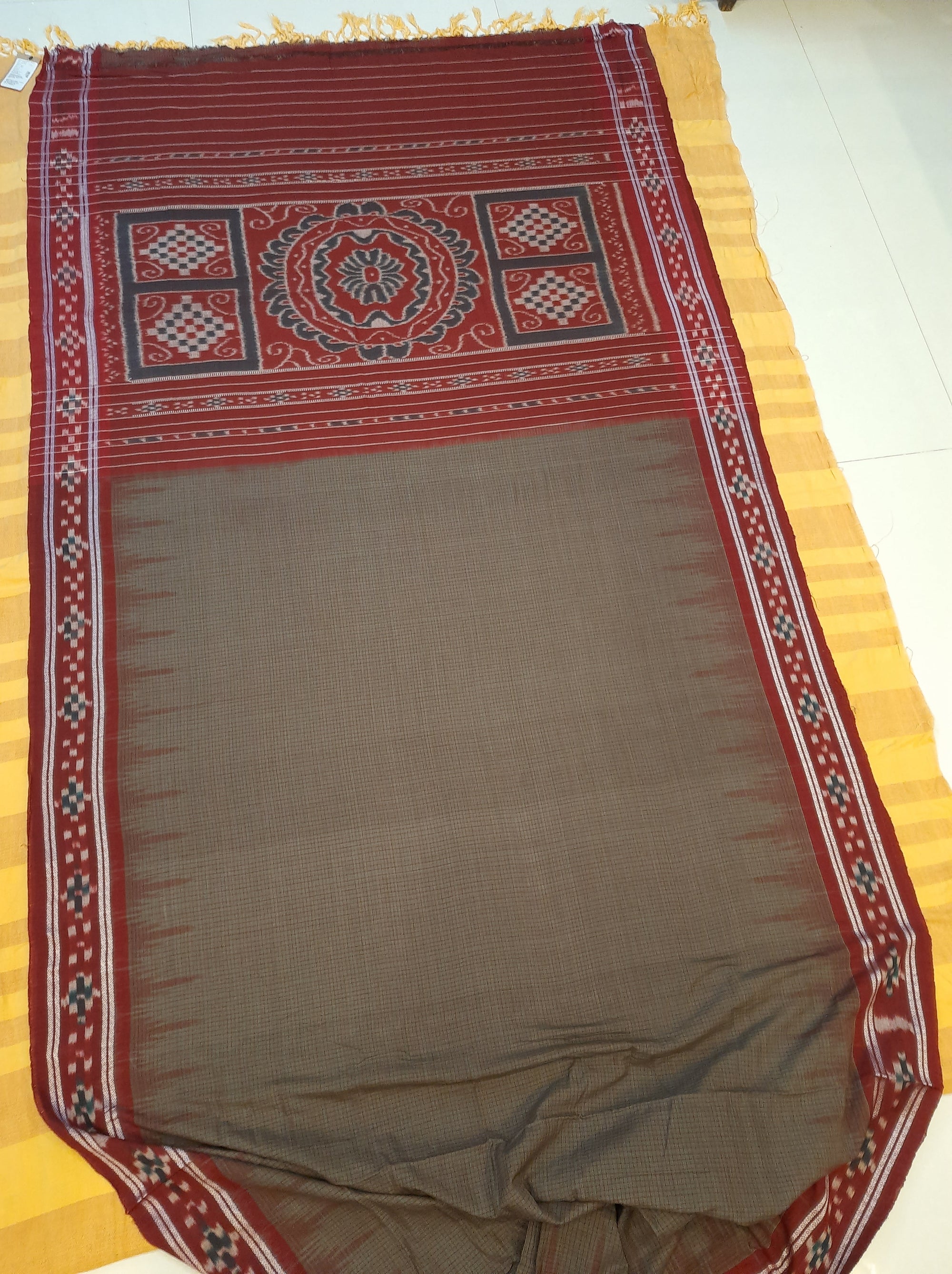 Grey and Maroon Cotton Odisha Ikat saree with sambalpuri ikat blouse piece